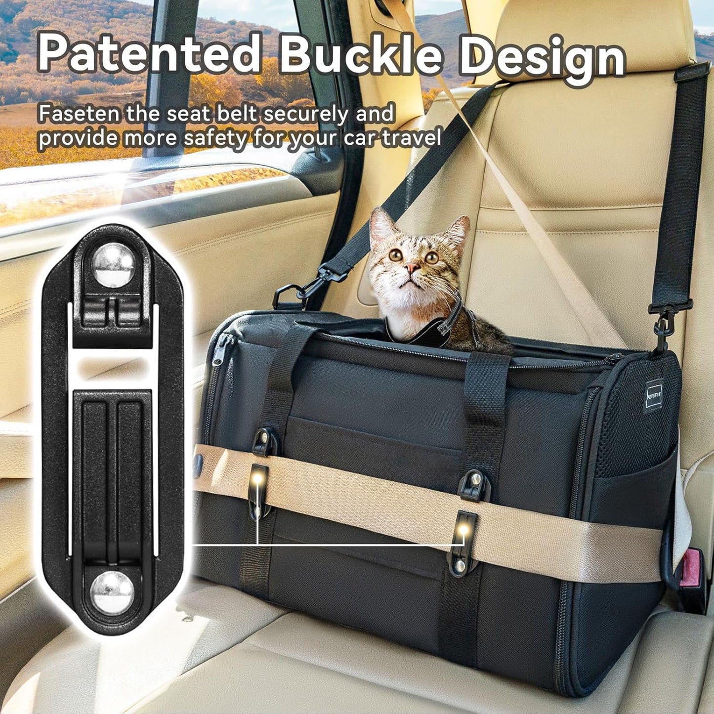Petsfit Pet Carrier Airline Approved, Soft-Sided Cat Carrier with Patented Car Buckle, Lightweight and Collapsible with Adjustable Shoulder Strap, Soft Cushion,Green