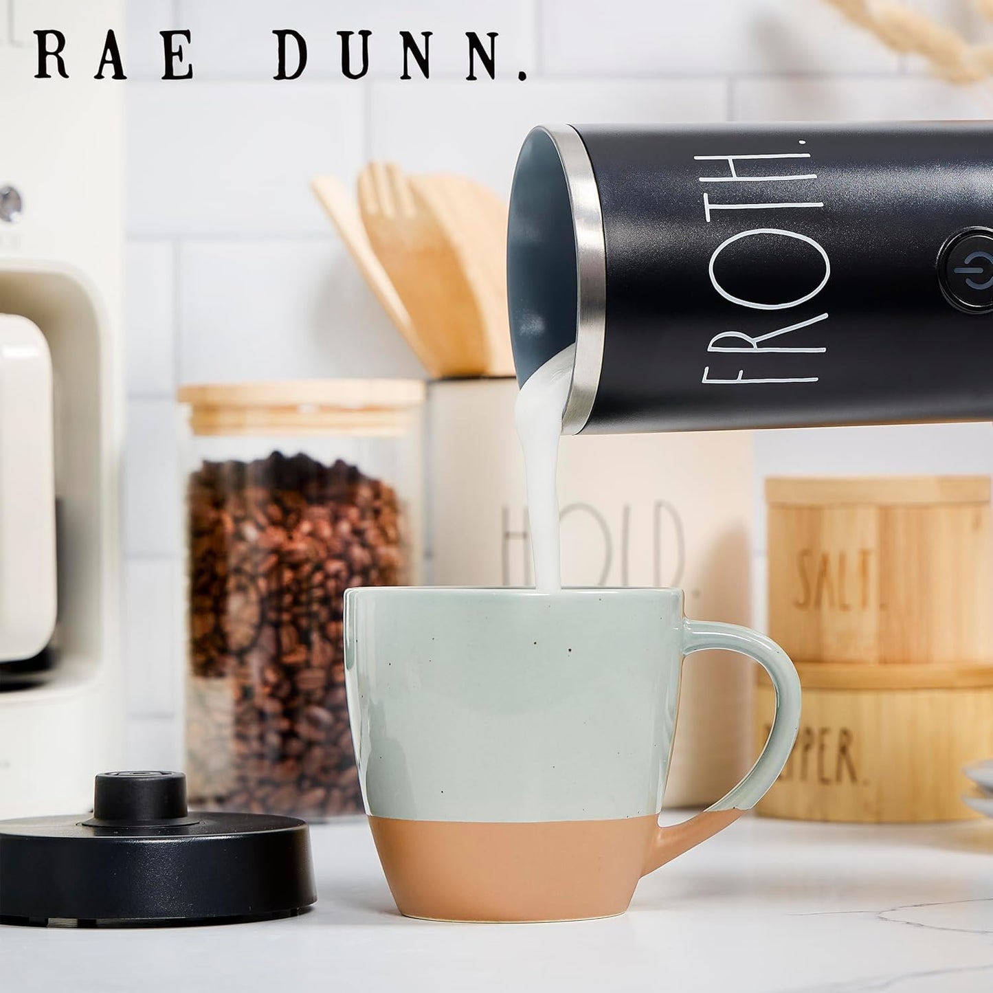 Rae Dunn - Electric Milk Frother - Elegant Automatic Milk Steamer and Frother, Milk Warmer, Hot and Cold Frothing Machine for Coffee, Latte, Cappuccino, Macchiato,