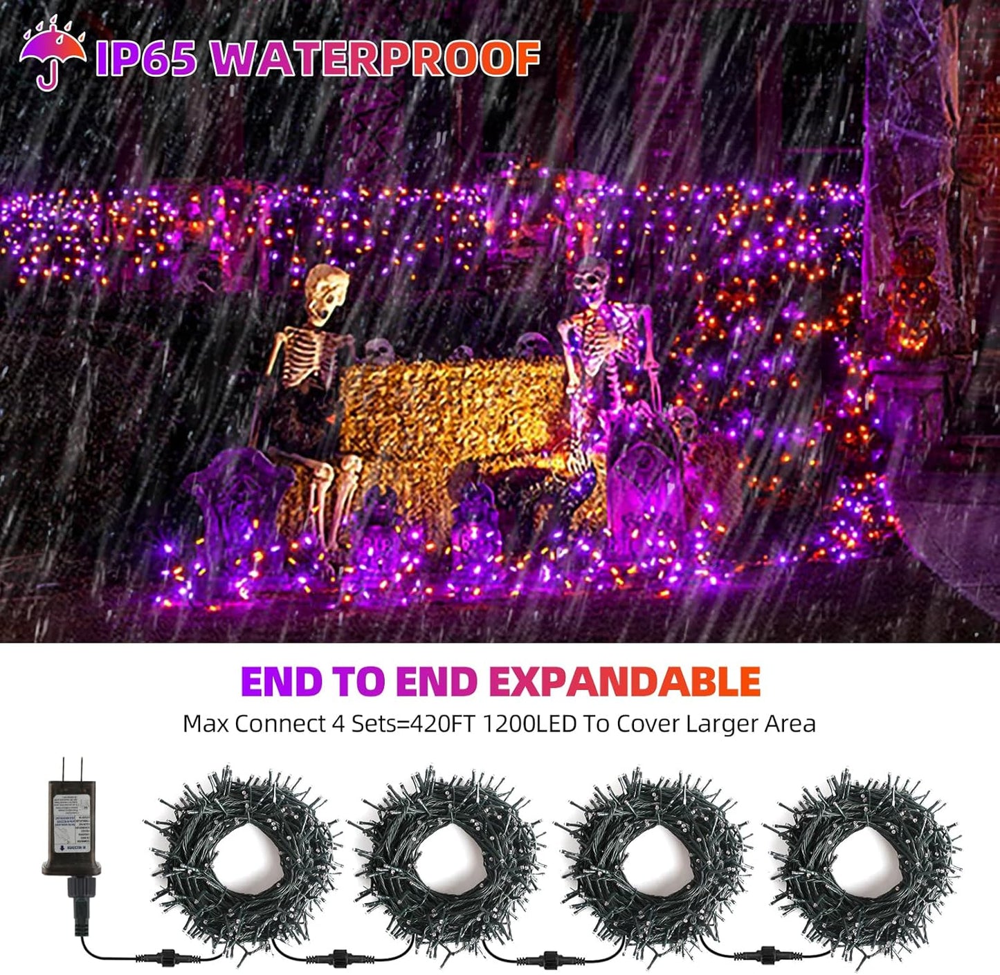 Tcamp 105FT 300 LED Purple Orange Halloween Decorations Lights Motion Activated Sync with 4 Scary Music, 6 Modes Halloween String Lights for Party Yard Outdoor Indoor Decor (3 Sets Connectable)
