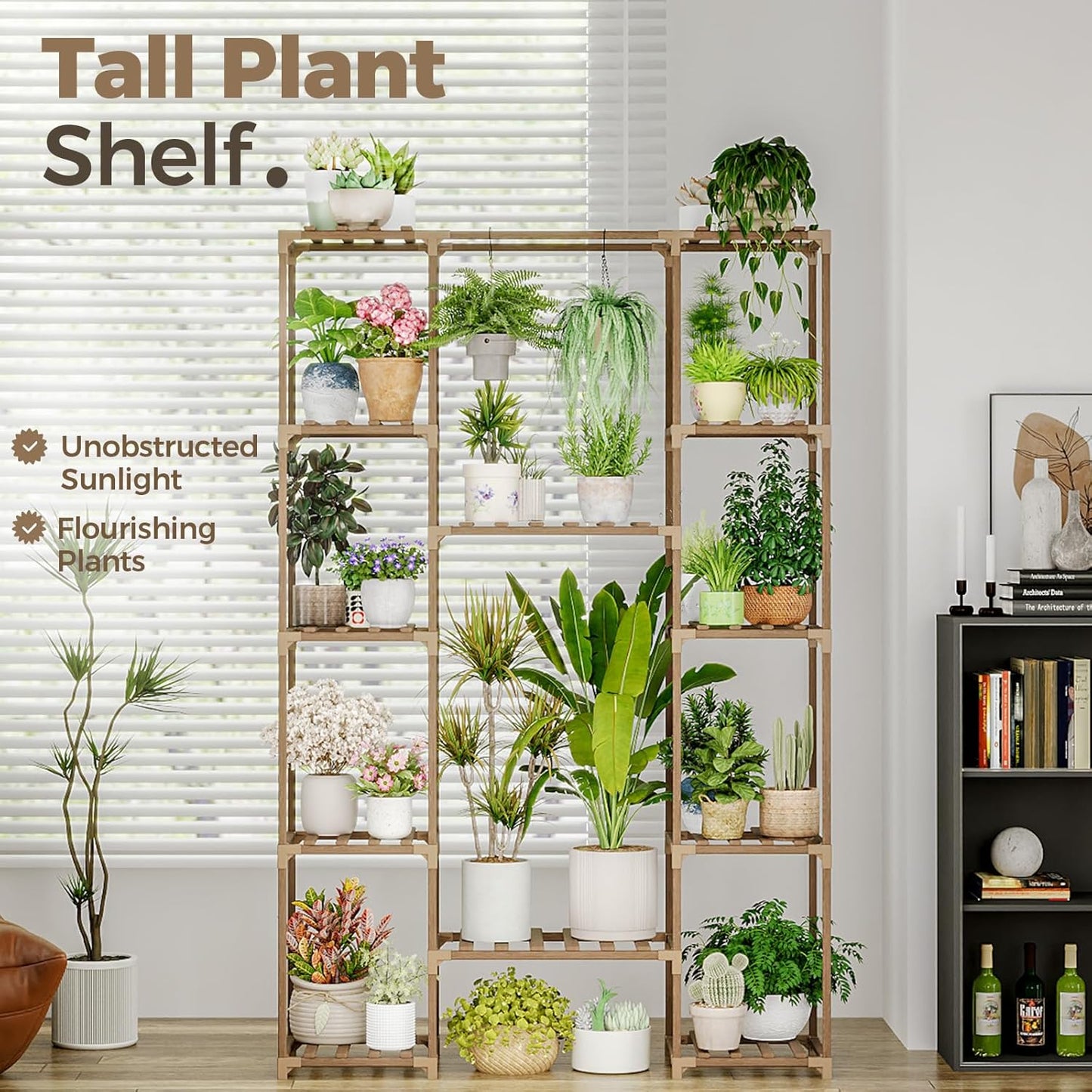 Bamworld Plant Stand Indoor Outdoor Hanging Plant Shelf for Multiple Plants Pots Wood Flower Stand Tall Large Flower Holder for Living Room, Patio, Balcony, Garden Decor, Brown