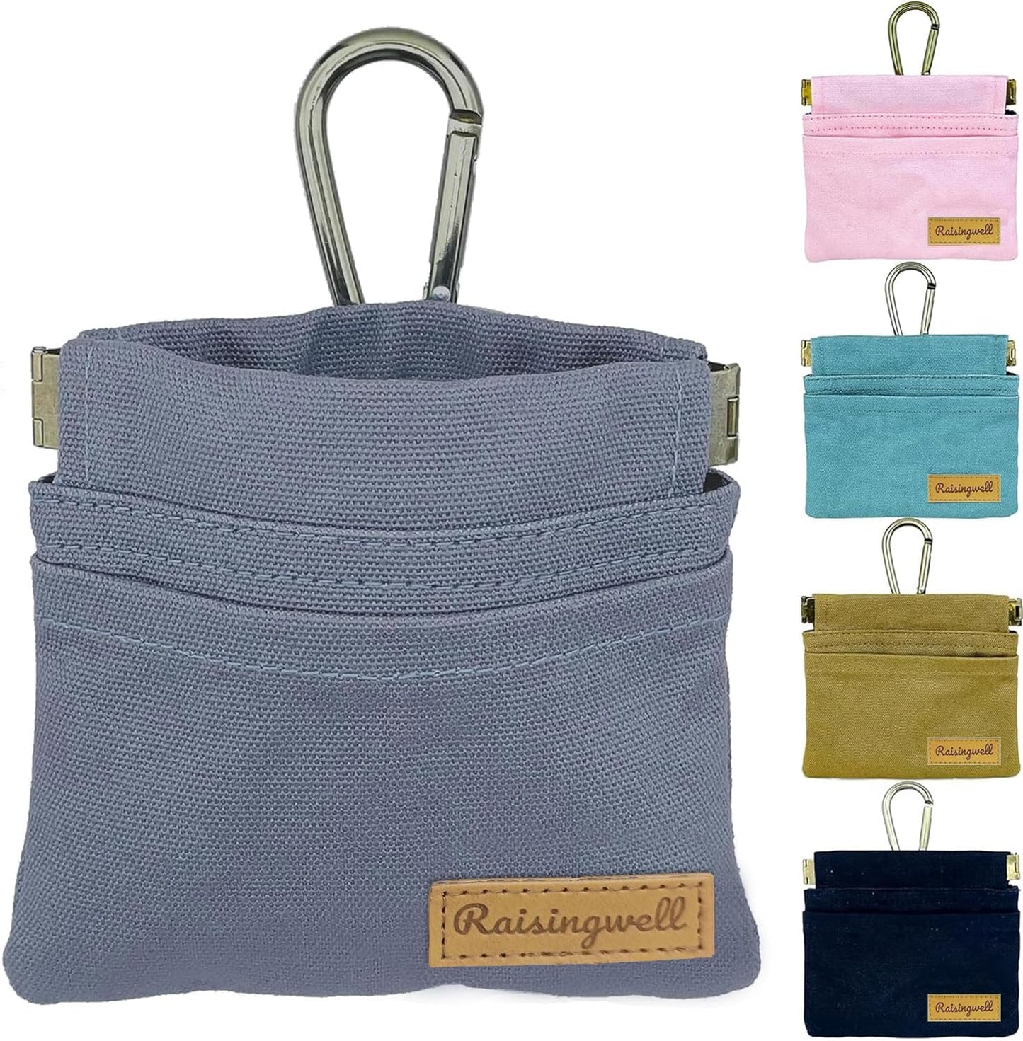 Raisingwell Dog Treat Pouch, Black Pocket Sized Pet Training Pouch, Cotton Fabric, Hand Free Dog Walking Bag with Carabiner, Self-Closing Pet Feed Snack Reward, for Pet Puppy Travel or Outdoor Use