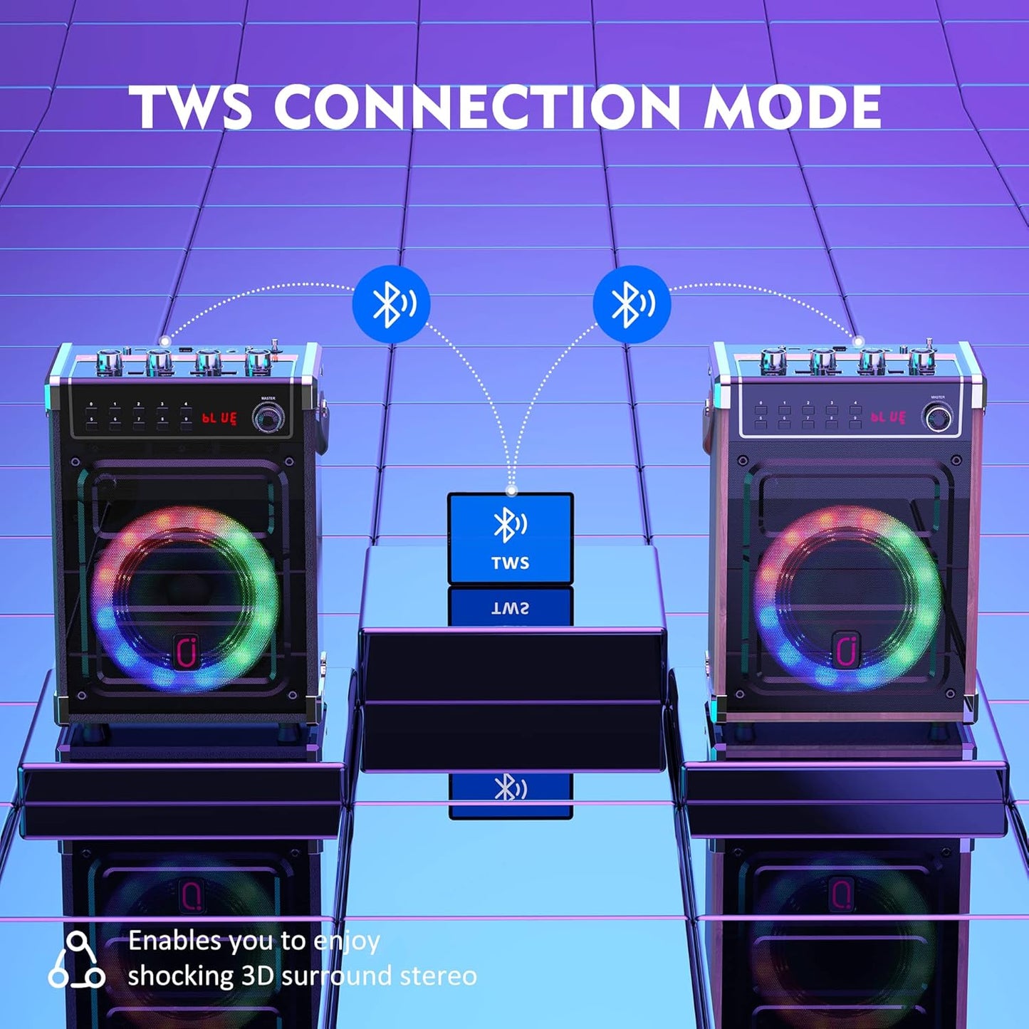 JYX Karaoke Machine with Two Wireless Microphones, Portable Bluetooth Speaker with Bass/Treble Adjustment, Remote Control and LED Lights, Supports TF Card/USB, AUX in, FM, REC for Party