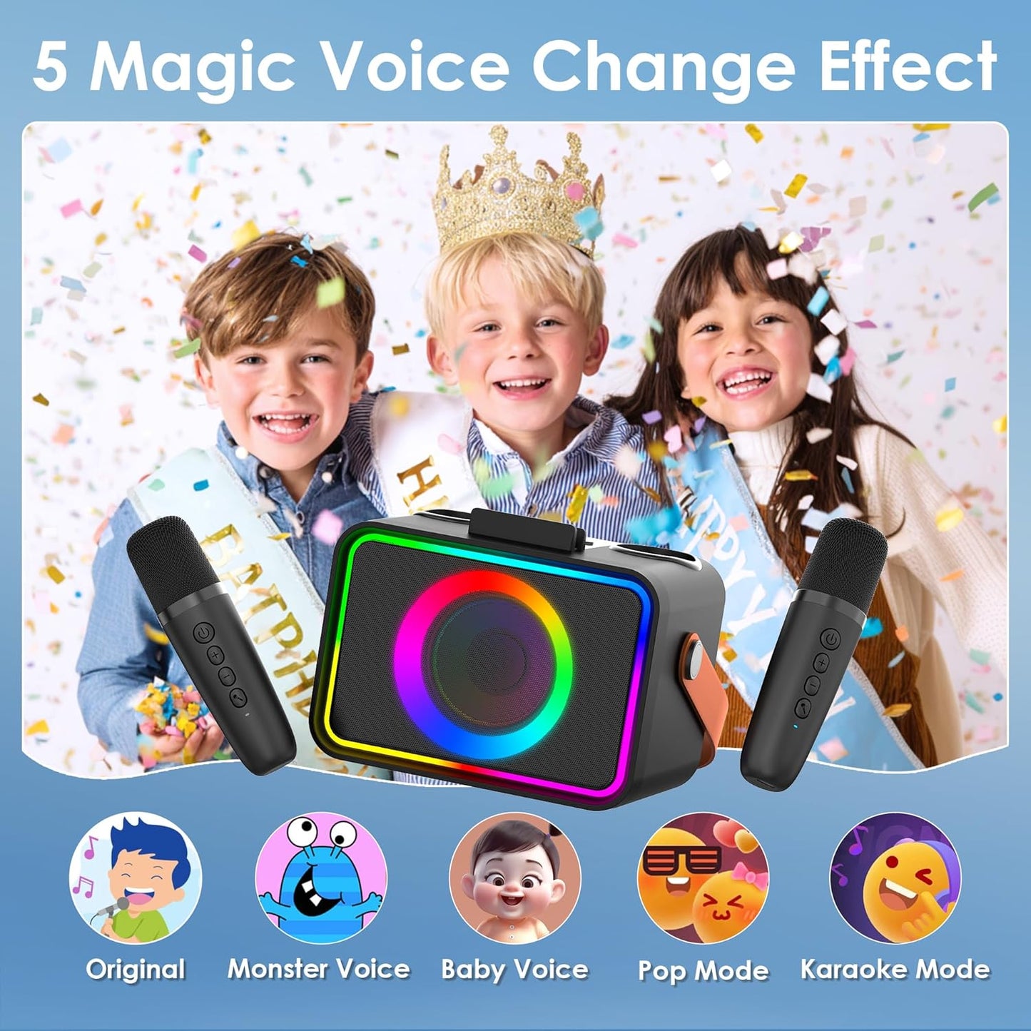 Portable Bluetooth Karaoke Player with 2 Wireless Microphones Karaoke Machine for Adults & Kids Toys with LED, Home Karaoke Stystem Packages Supports USB/TF/AUX,Gift for Party (Black)