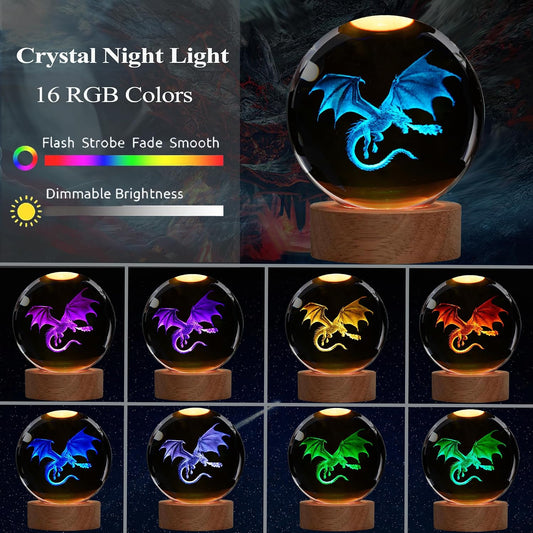Dragon Night Light, Dragon Gifts, 3D Crystal Ball Lamp with Remote Upgraded 3.15 Inch 16 Color for Birthday Xmas Cool Dragon Figurines Gifts for Room Decor Boys Girls