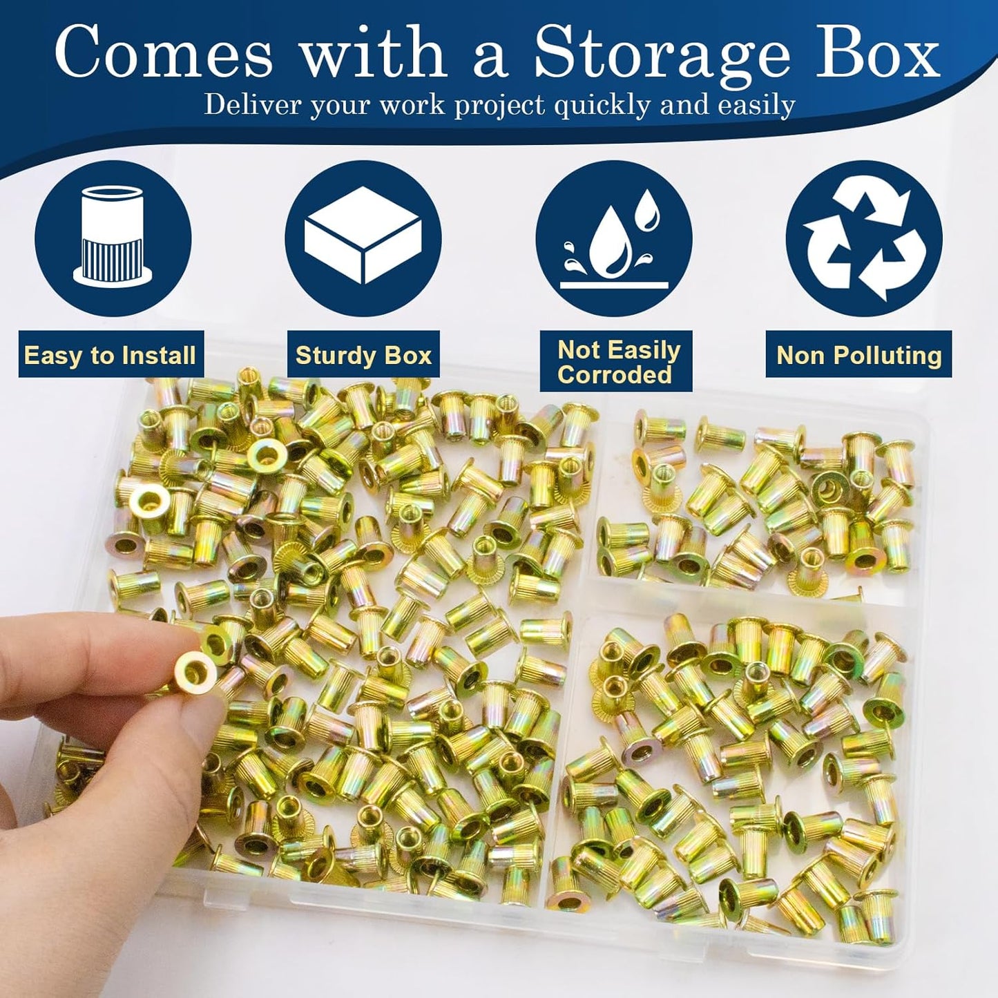 Vifmy Metric & SAE Rivet Nut Assortment Kit(420 Pcs),m3 m4 m5 m6 m8 m10 m12#6-32#8-32#10-24 1/4"-20 5/16"-18 3/8"-16 UNC Flat Head Rivnut Set,Zinc Plated Finish Carbon Steel Nutsert