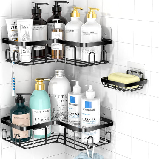 MOFOROCO 3-Pack Shower Caddy Corner Basket Shelf with Soap Holder, No Drilling Traceless Adhesive Shower Wall Shelves, Black Bathroom Shower Storage Organizer( for 90-Degree Right-Angle Walls) - PuriLite