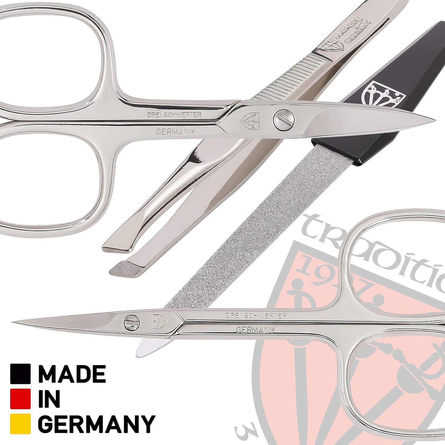 3 Swords Germany - brand quality 8 piece manicure pedicure grooming kit set for professional finger & toe nail care scissors clipper fashion leather case camou in gift box, Made in Germany