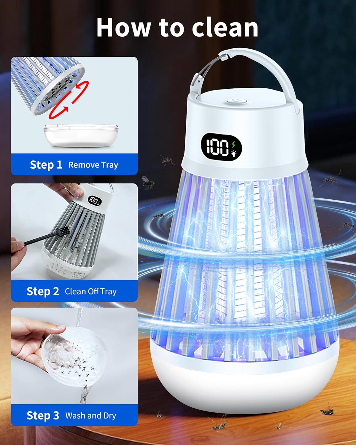 Eachway Bug Zapper Outdoor, 2 in 1 Powered Mosquito Zappers Killer with 2000mAh Battery & LED Light, 2000V Electric Fly Zapper, Waterproof Insect Zapper for Backyard, Patio (Black)