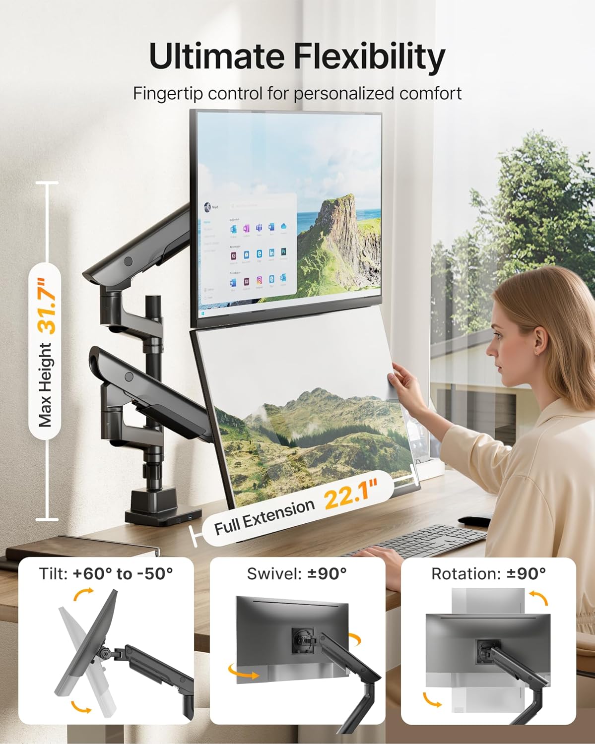 monTEK Premium Aluminum Monitor Arm for 17–57” Ultrawide Screens up to 59 lbs, USB 3.0 Dual Desk Mount with Adjustable Gas Spring, Quick-Release Plate, 10-Min Assembly, Clamp/Grommet, Max VESA 100x100