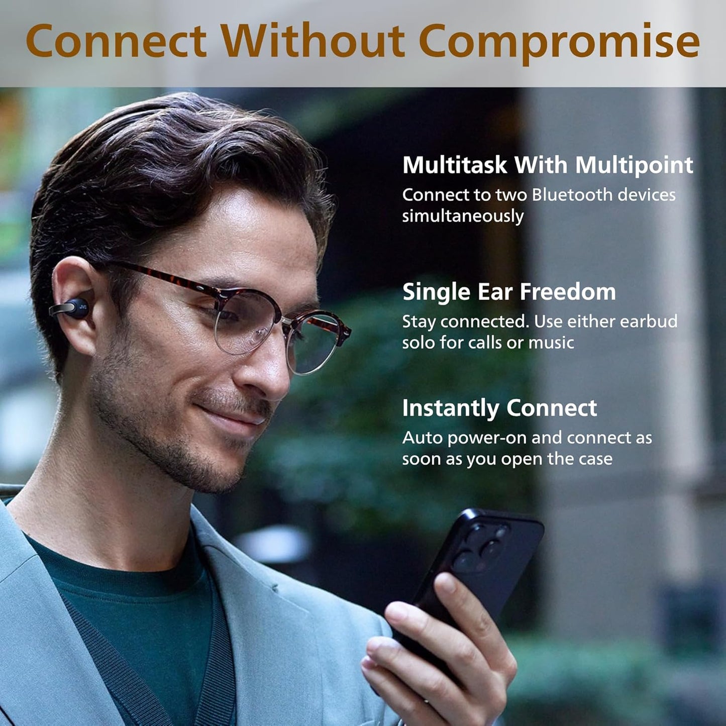 JVC nearphones Open Ear-Cuffs Wireless Headphones with Clasp Mechanism, Multipoint, Single Ear use, BT 5.3, Long Battery Life (up to 24 Hours) - HA-NP1T-A Teal Blue