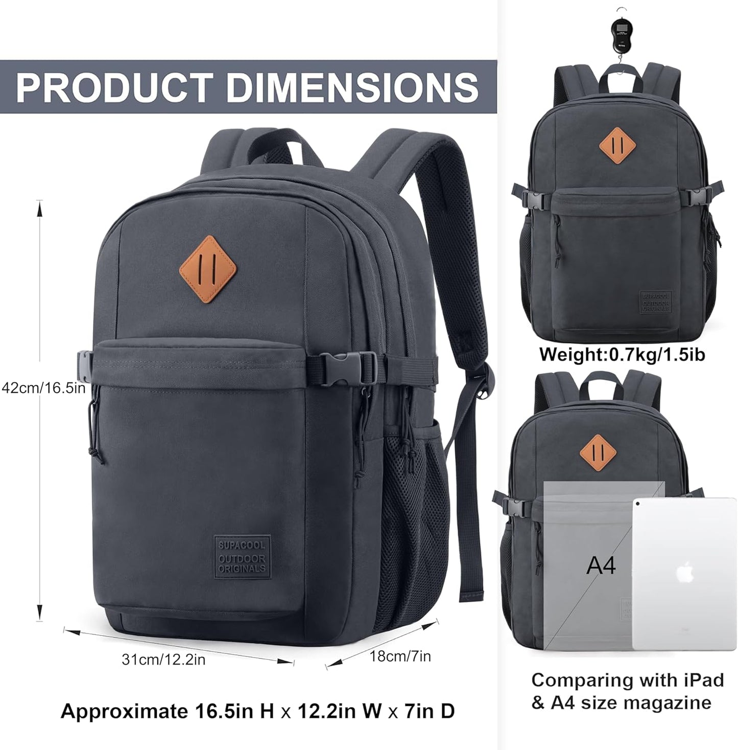 SUPACOOL Lightweight Casual Backpack for Men and Women, Large Backpack for School Boys and Girls