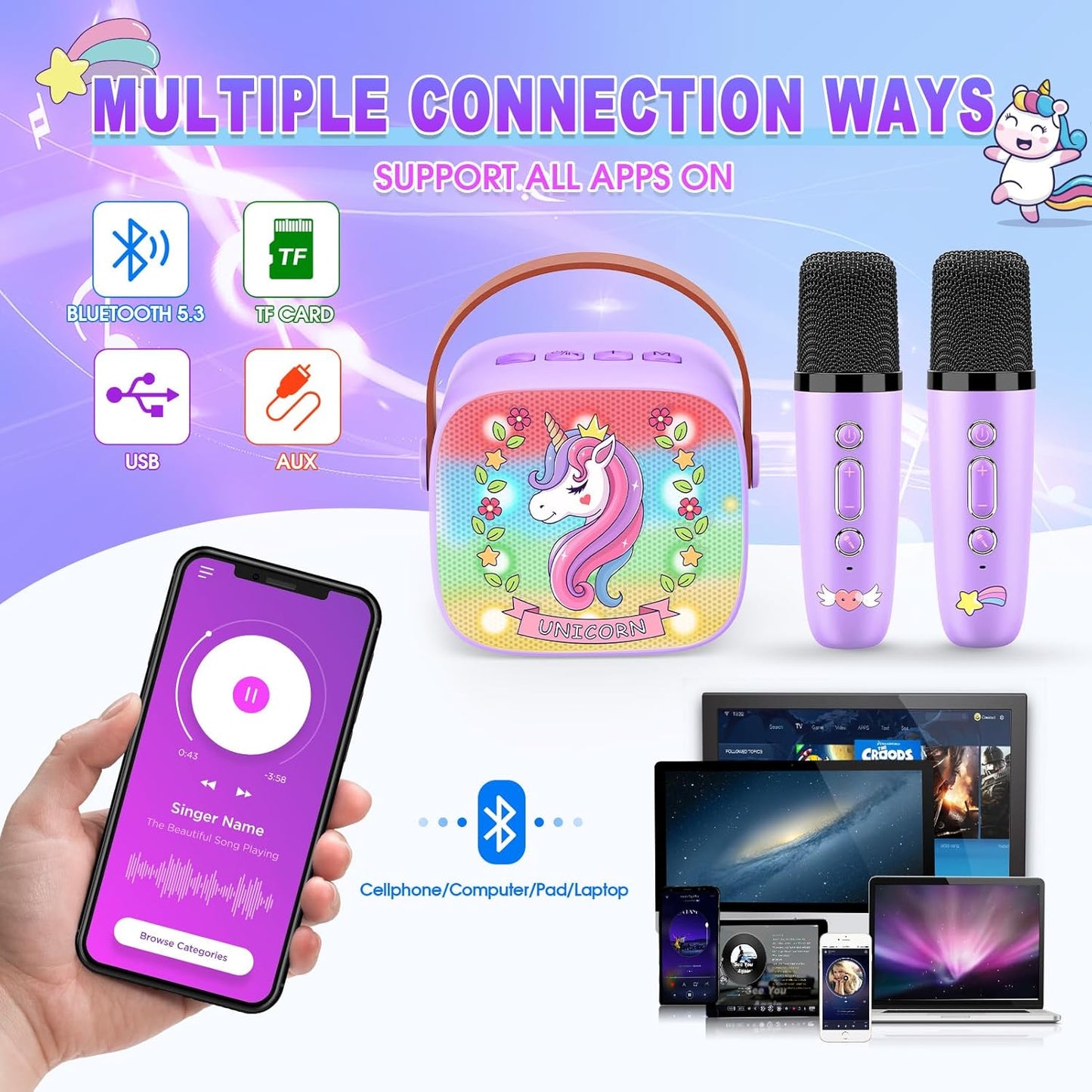 Mini Karaoke Machine for Kids, Exssary 3 4 5 6 7 8-12 Year Old Girl Gifts Portable Bluetooth Speaker with 2 Wireless Microphone Unicorn Toys Birthday Gifts for Girls Kids Teens (Pink)