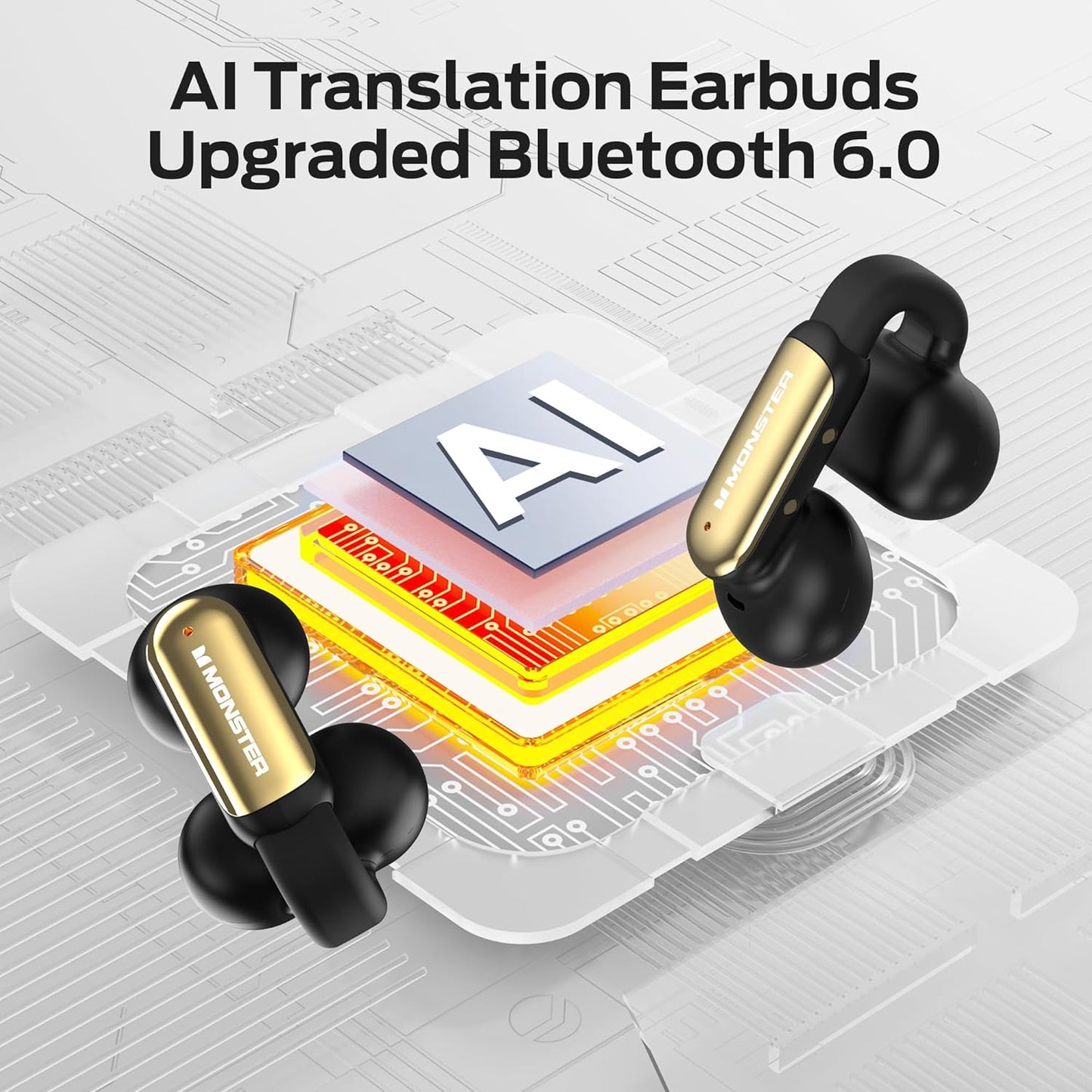 Monster AI Translation Earbuds Open AC601, 3-in-1 Translator Wireless Earbuds, Bluetooth 6.0 Open Earbuds with 115 Languages Translation, Real-Time AI & Touch Control Wireless Headphone