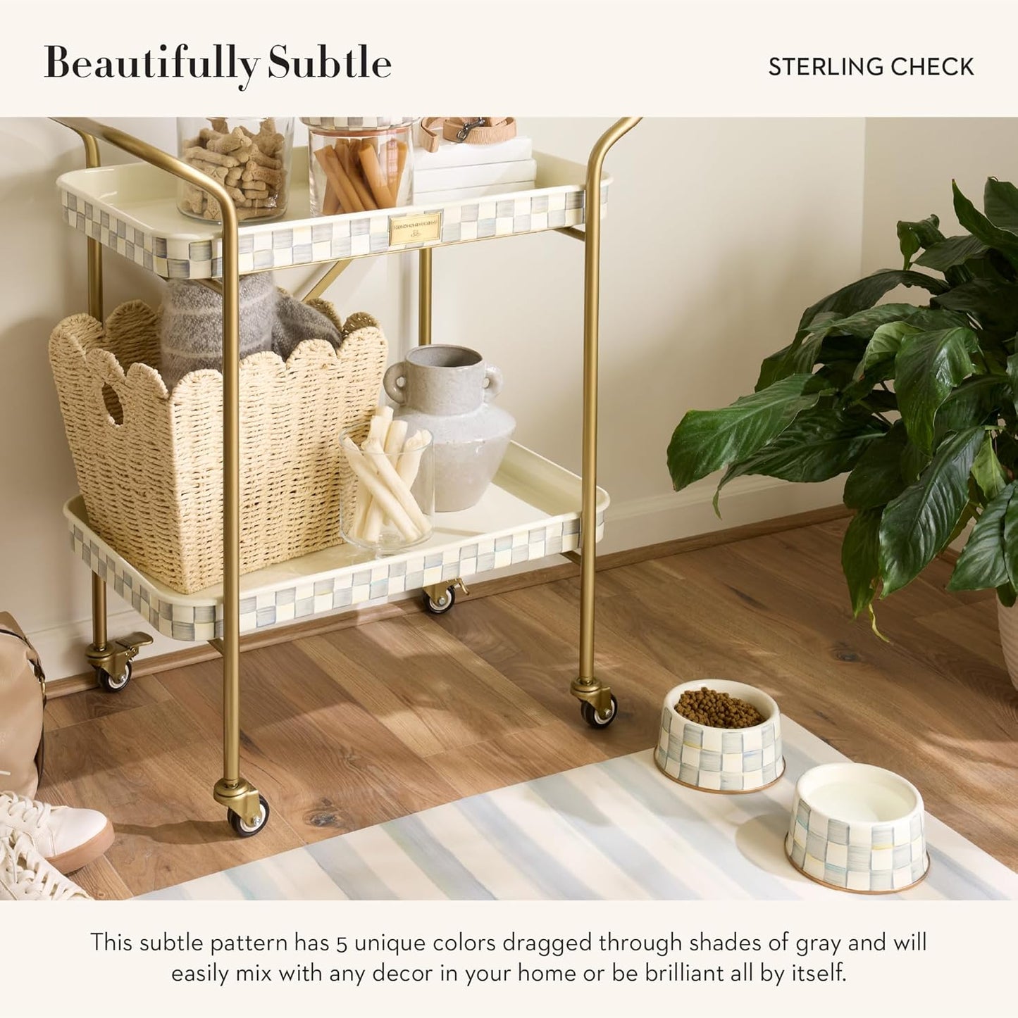 Large Decorative Pet Food and Water Bowl, Gray-and-White Sterling Check Design, Heavy-Gauge Steel Pet Dish for Dogs and Cats, Indoor Non-Slip Pet Feeding Bowl - PuriLite