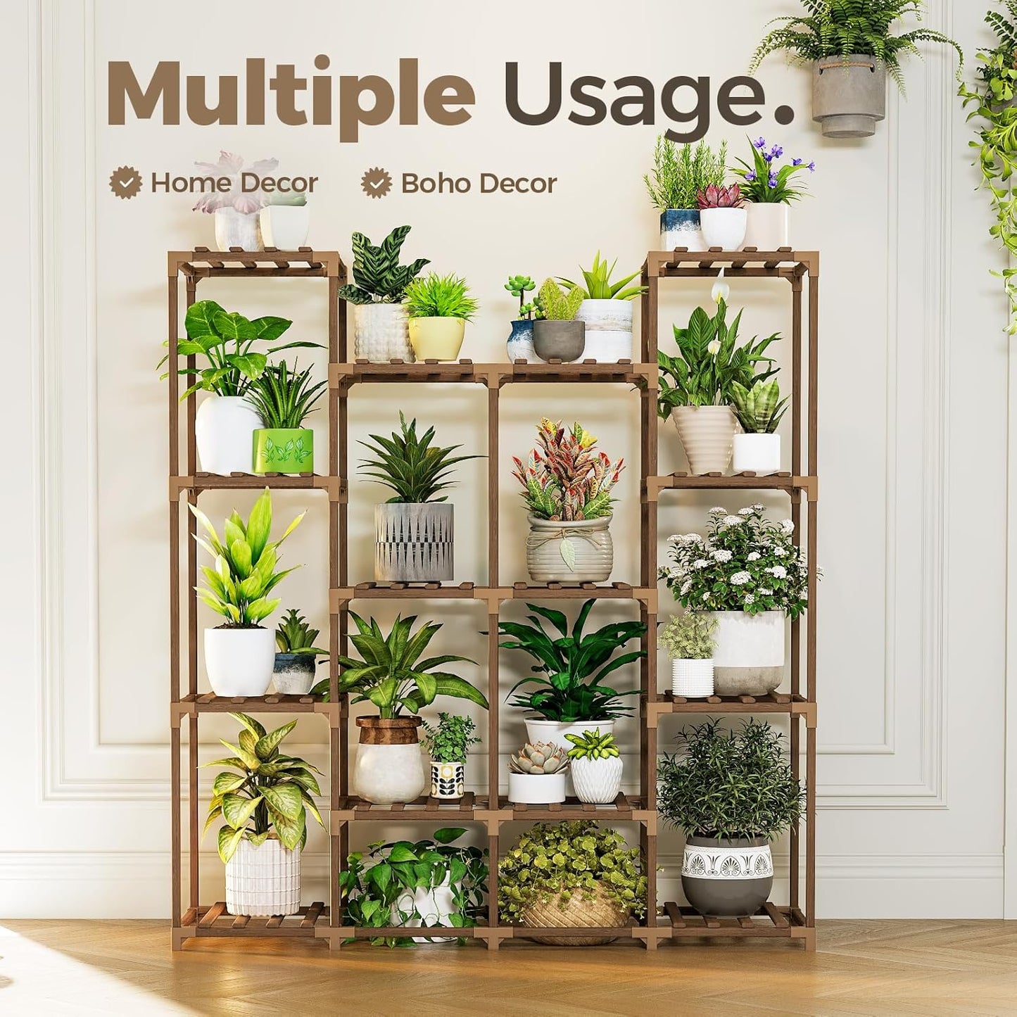Bamworld Plant Stand Indoor Outdoor Hanging Plant Shelf for Multiple Plants Pots Wood Flower Stand Tall Large Flower Holder for Living Room, Patio, Balcony, Garden Decor, Brown
