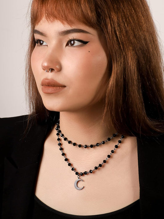 Sacina Gothic Moon Necklace, Moon Necklaces for Women, Layered Black Crescent Moon Necklace, Bead Onyx Necklace, Gothic Necklace, Goth Necklace, Christmas New Year Jewelry Gift for Women, Copper, Black Onyx, Stainless Steel, No Gemstone - PuriLite