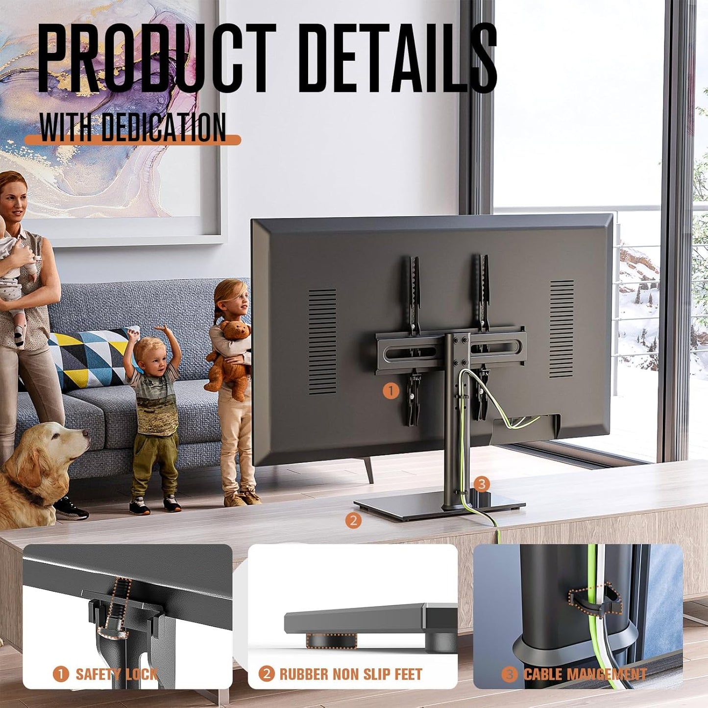 Universal TV Stand/Base Table Top TV Stand with Wall Mount for 27 to 55 inch 9 Level Height Adjustable, Heavy Duty Tempered Glass Base, Holds up to 88lbs Screens, HT06B-001