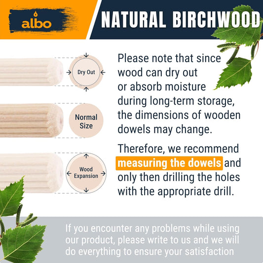 ALBO Wooden Dowel Pins 100 Pack Assorted Sizes 1/2 + 3/8 + 5/16 + 1/4 inch Fluted Wood Dowels Rods Hardwood Crafts Dowel Pegs - PuriLite