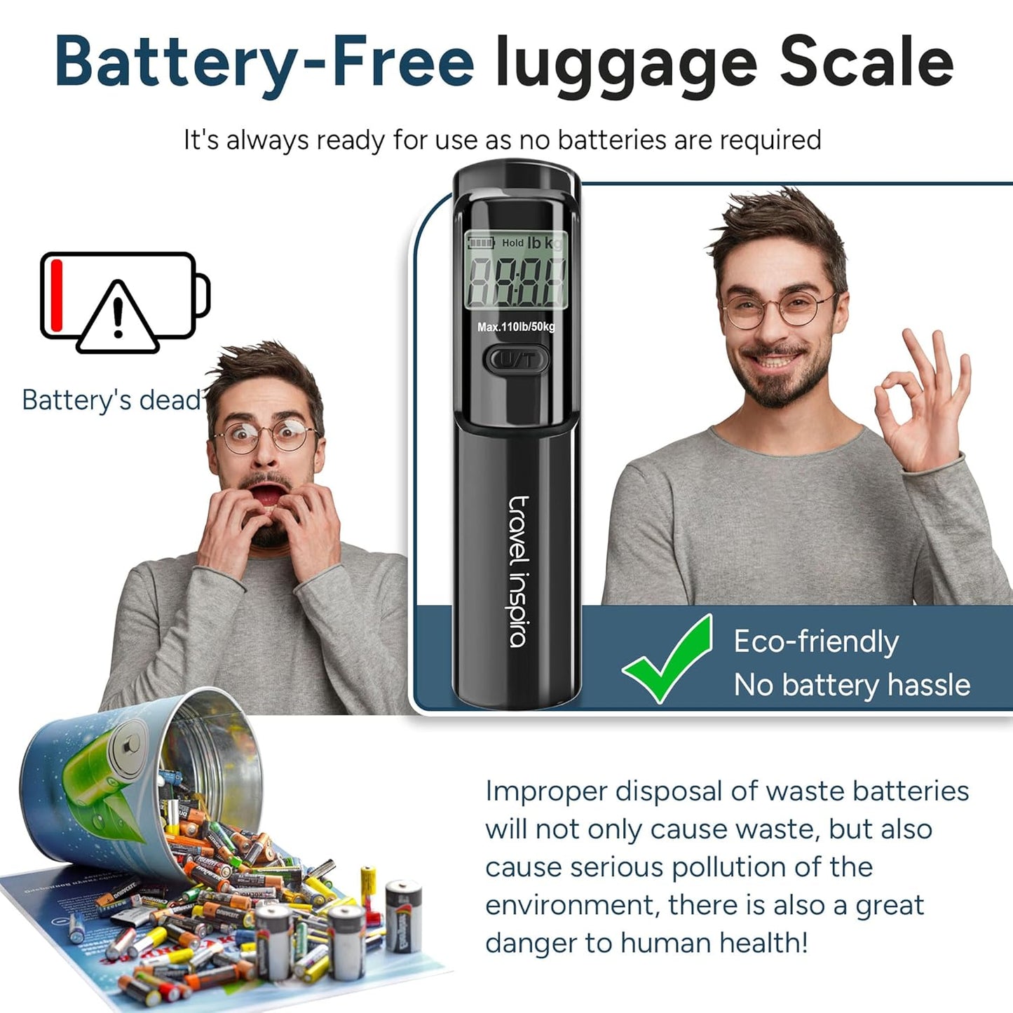 travel inspira Luggage Scale Battery-Free, Portable Handheld Digital Suitcase Scale for Travelling, 110lbs/50kg