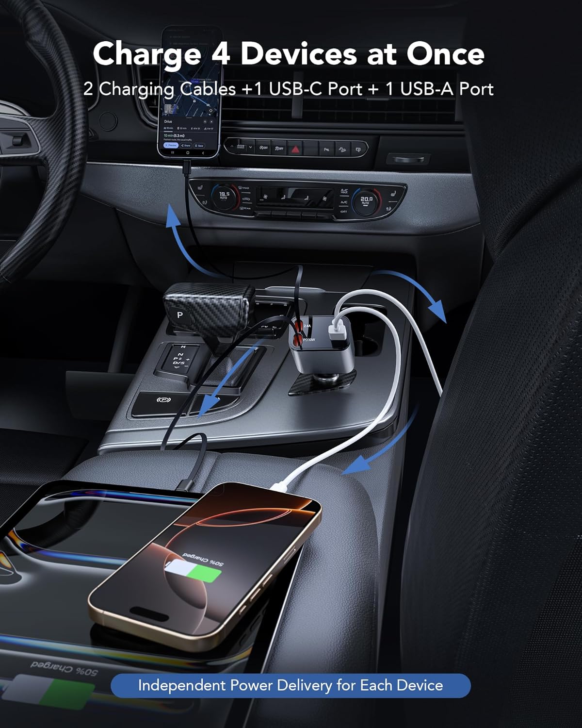 69W Retractable Car Charger, 4-in-1 Fast Car Phone Charger with 2.6ft Two Retractable Cables and USB C+USB A Car Charger Block Cube, Compatible with iPhone 16 15 14 13 12 Pro Max Plus,Galaxy,Pixel