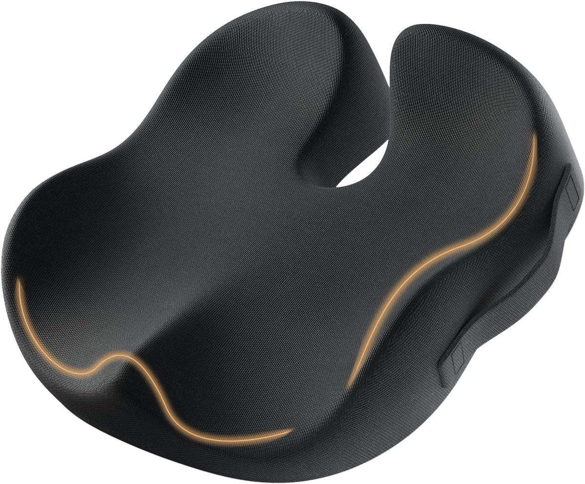 Ergonomic Memory Foam Seat Cushion for Office Chair, Coccyx Pressure Relief Cushion for Long Sitting, Non-Slip Chair Pad for Car, Home, Travel – Black - PuriLite
