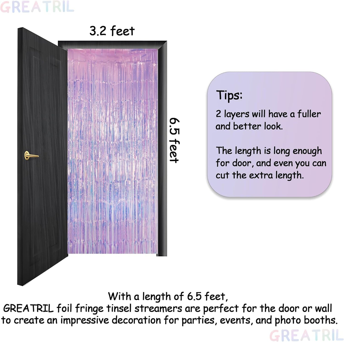 GREATRIL Iridescent Party Tinsel Fringe Backdrop Decorations - Holographic Foil Streamers Curtain for Mermaid/Under The Sea/Frozen/Ocean/Disco/Birthday Themed 3.2ft x 6.5ft - 2 PCS