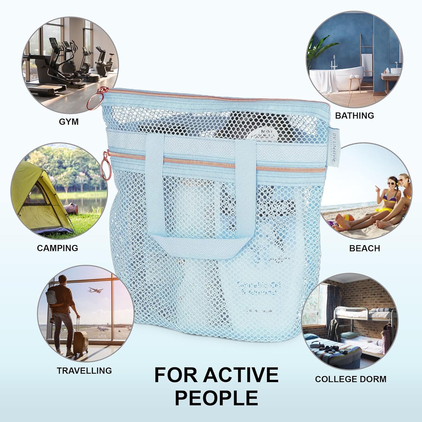 Mesh Shower Caddy Portable 10.2x9.9'' Shower Bag with Zipper & 2 Pockets. Shower Tote Ideal for Gym, Travel, Camp, Beach, for Sunscreen, Dorm & College Essentials (Black)
