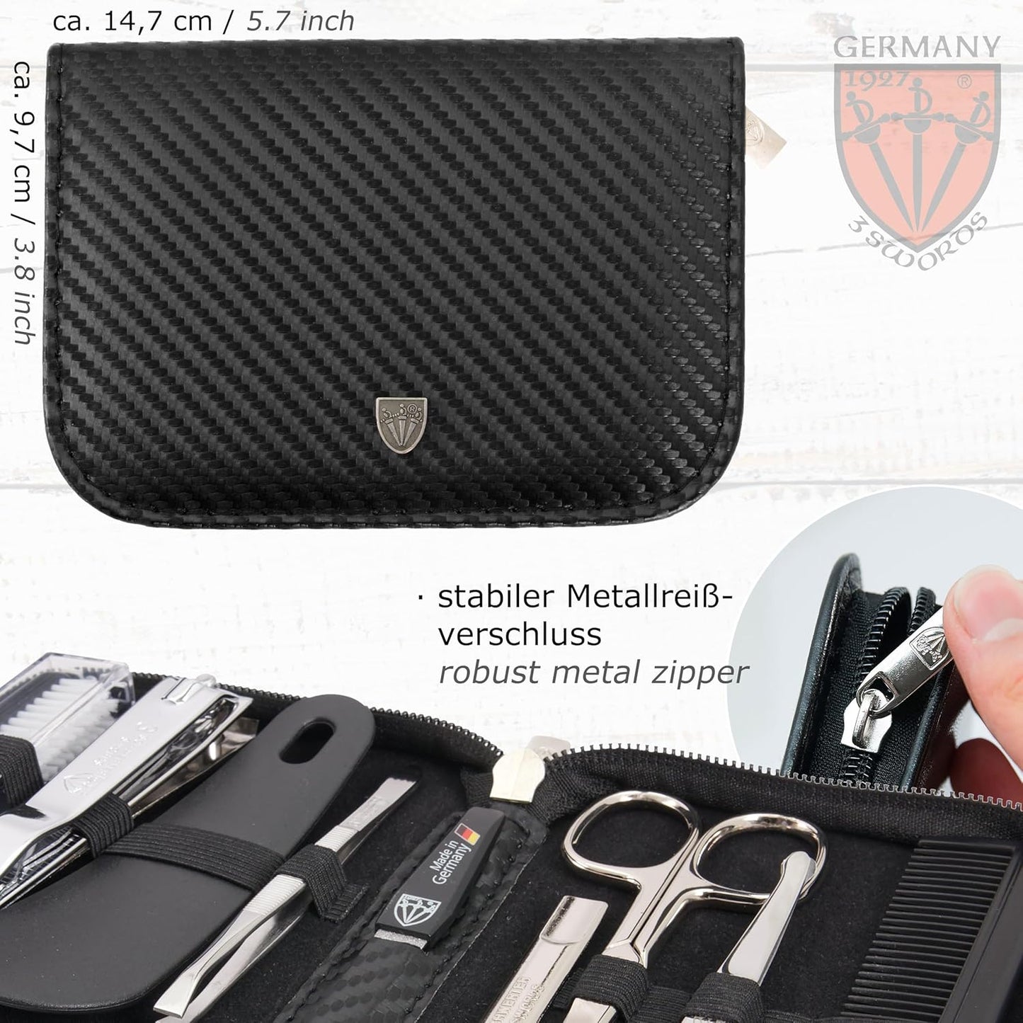 3 Swords Germany - brand quality 10 piece manicure pedicure grooming kit set for professional finger & toe nail care scissors clipper fashion leather case in gift box, Made by 3 Swords (003164)
