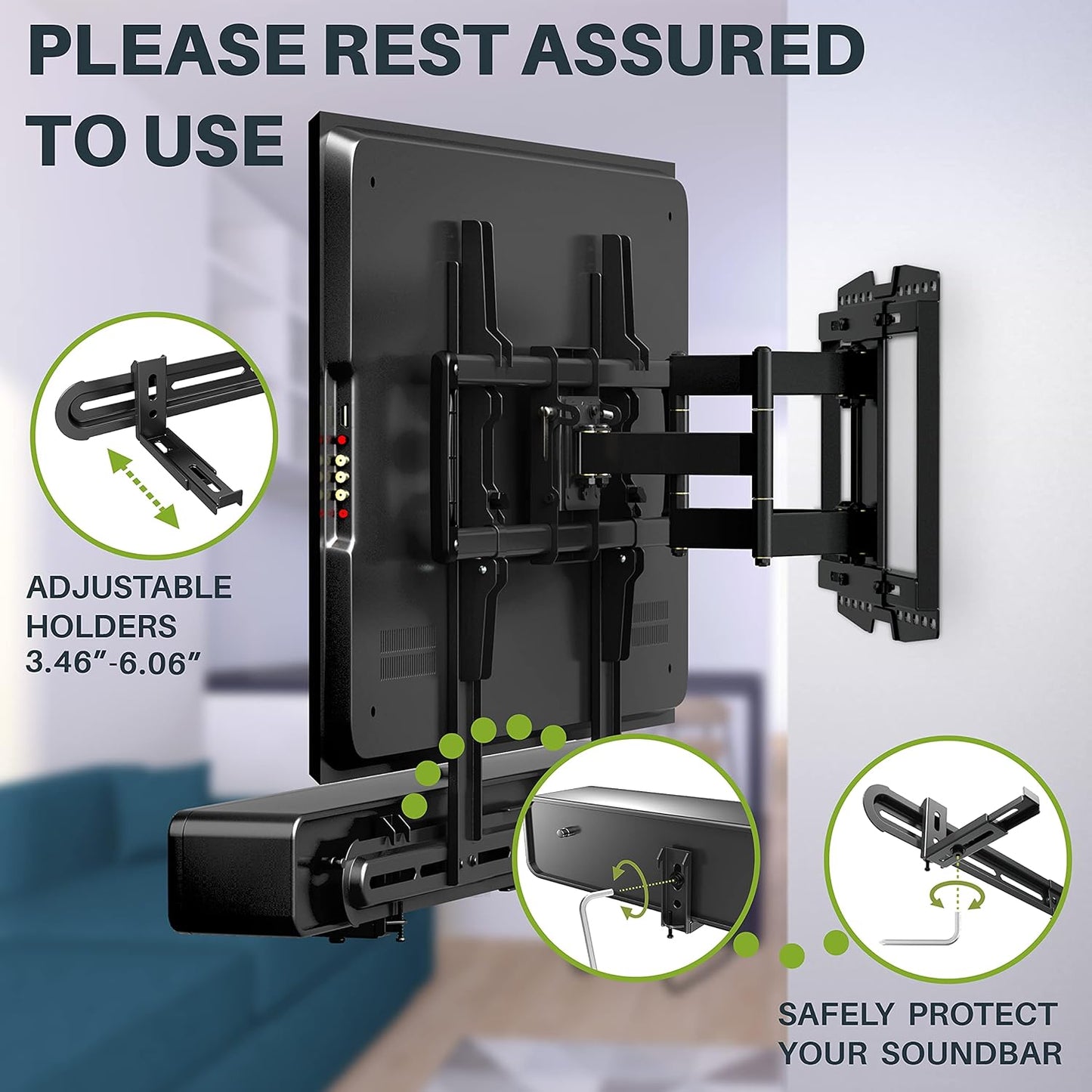 USX MOUNT Universal Soundbar Mount to TV, Sound Bar Wall Mount Bracket Above or Under TV, Up to 13 Lbs, Removable No-Slip Base Holder Extends 3.46”-6.06, Easy to Install, XAS002