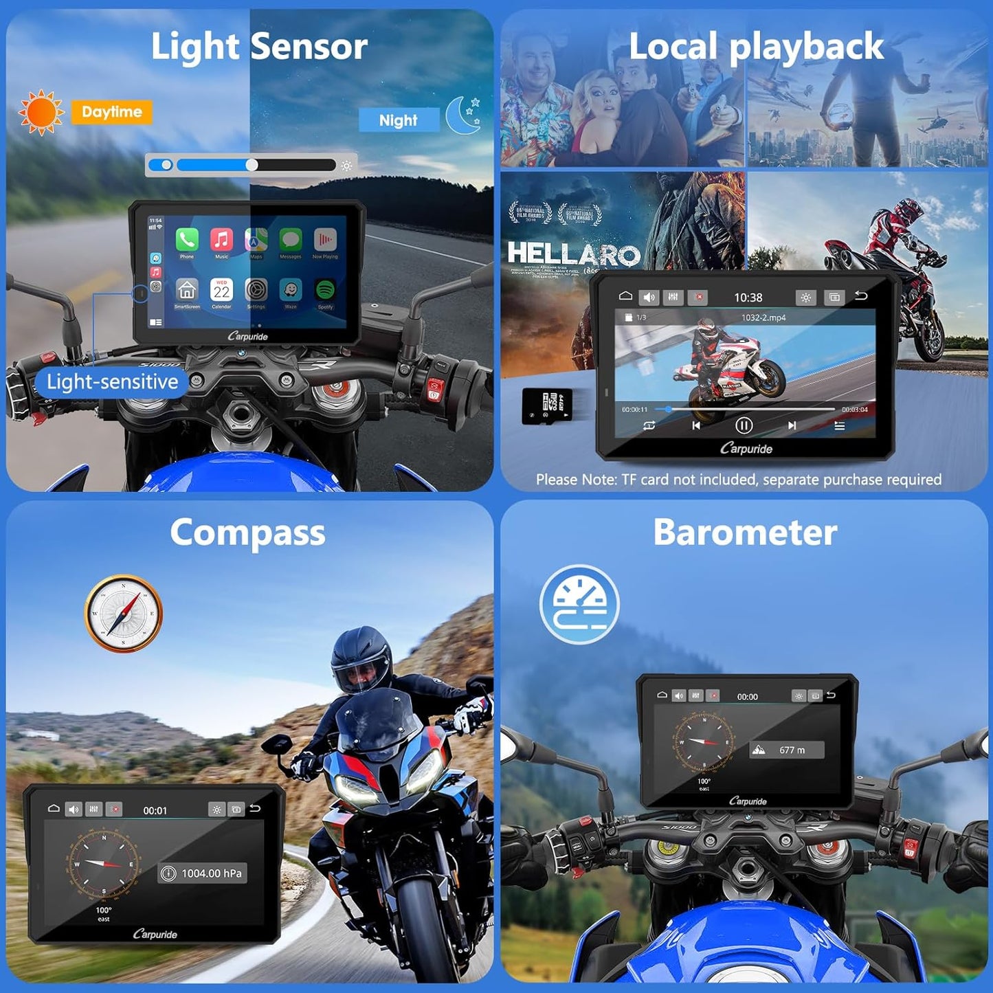 2025 CARPURIDE W702BS PRO for BMW Motorcycle CarPlay & Android Auto Dual Bluetooth, 7" Waterproof GPS Navigation Screen, Data Reading,Native Wonder, TPMS, Light Sensor, Music Sharing, Intercom, 16-Pin