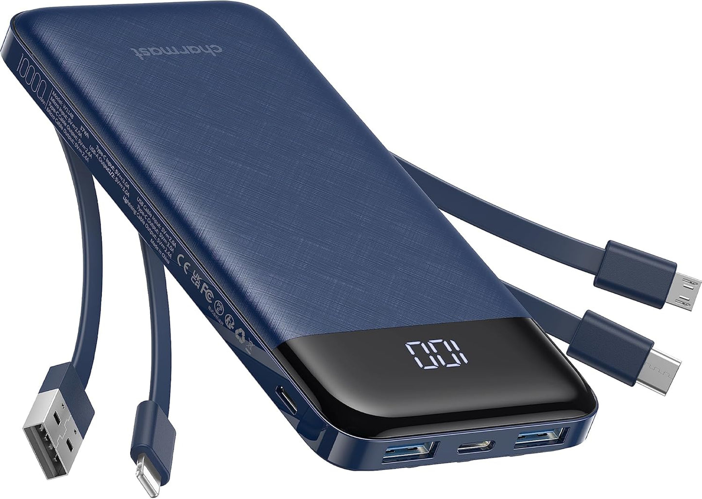 Charmast Portable Charger with Built in Cables, Power Bank with Cords Wires, Slim 10000mAh Travel Battery Pack 6 Outputs 3 Inputs 3A Fast Charging for Samsung Google Pixel LG Moto iPhone iPad