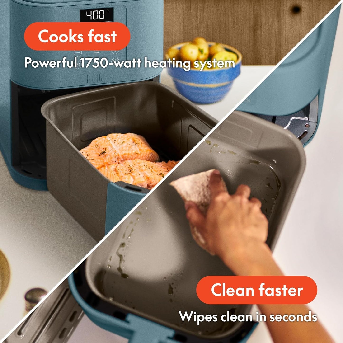 bella 4Qt Slim Air Fryer, Fits-anywhere Kitchenware, EverGood Ceramic Nonstick Coating, Adjustable Temperature, 6 Preset Cooking Options, 60 Min Auto Shutoff w Audible Tone, 3.3lb Capacity, Surf