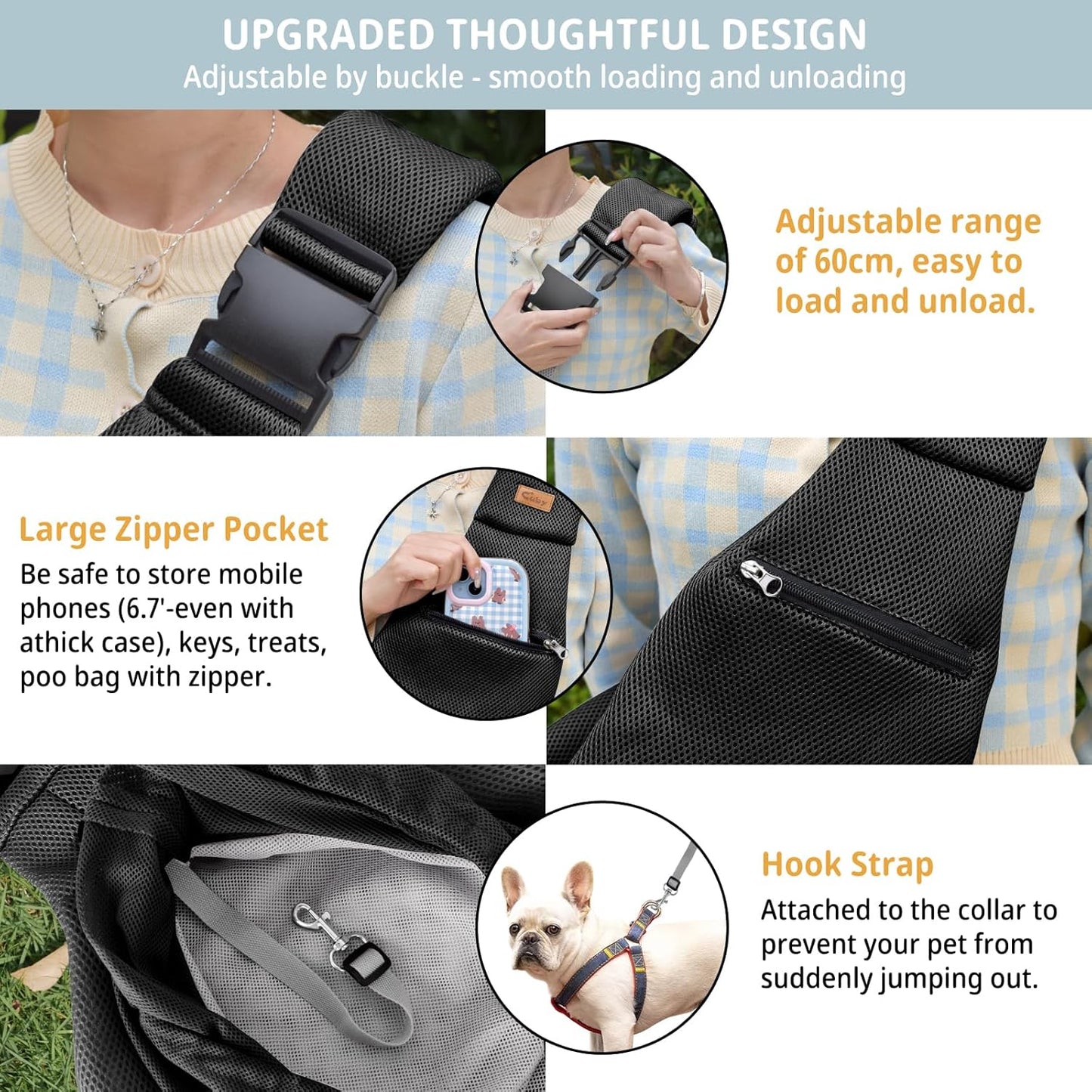 Cuby Adjustable Dog Cat Sling Padded Hard Bottom Pet Carrier Sling Soft Carrying Puppy Bag for Small Dogs Cats Outdoor Travel (Grayish-White)
