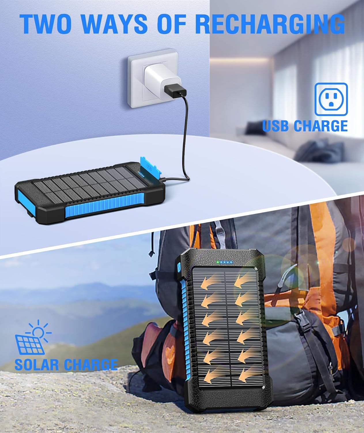 Solar Power Bank 38800mAh, Solar Charger Power Bank with Suction Cup Holder, IP67 Waterproof Outdoor Power Bank for Phone, USB-C Fast Charging with Flashlight Light/SOS/Strobe (Blue, 38800mAh)