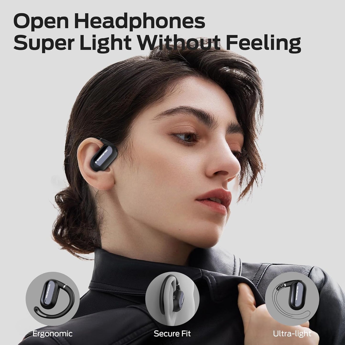 Monster Open Ear AC322, Bluetooth 5.4 Headset, 36H Battery Life, IPX5 Waterproof, Clear Communication, Ergonomic Design, Ear Angle Adjustable, Not Easy to Fall Off Wireless Bluetooth Headset.