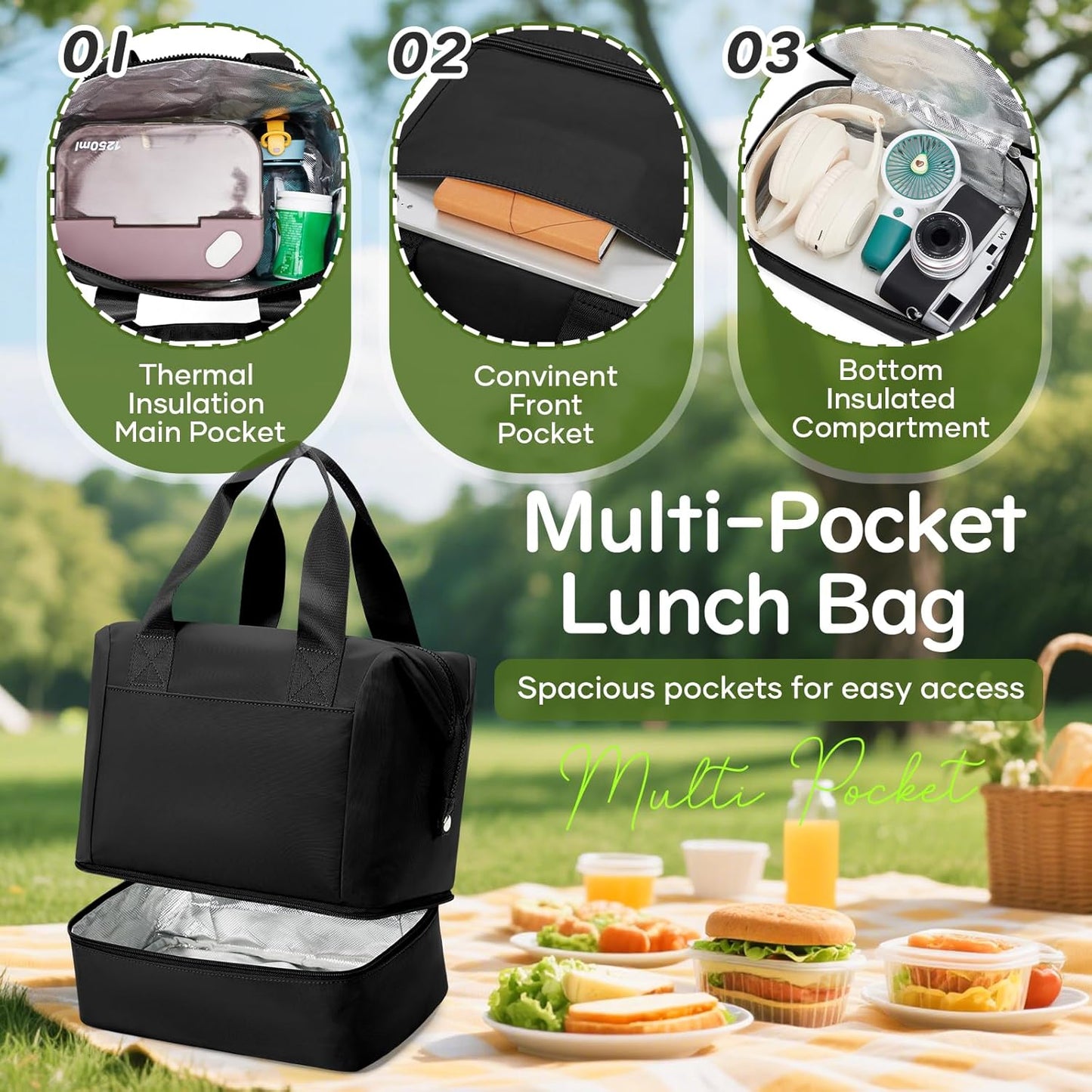 Lunch Bag Insulated Lunch Box Leakproof Lunch Tote Bags for Women Men,Portable Thermal Cooler Bag Lunch Containers with Shoulder Strap for Work, Family, Picnic, School, Outdoor,BBQ C2-Pinkpurple