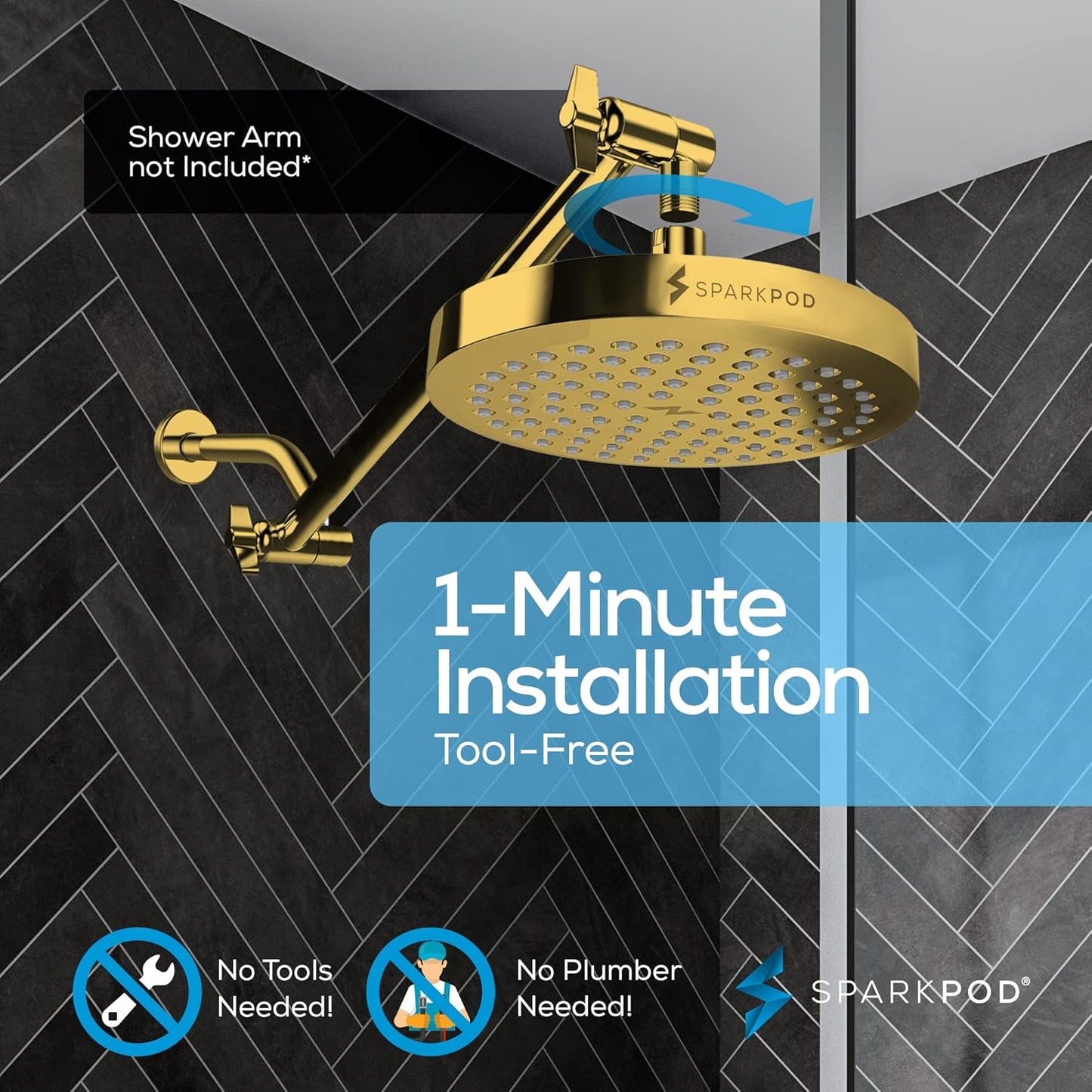 SparkPod Shower Head - High Pressure Rain - Premium Quality Luxury Design - 1-Min Install - Easy Clean Adjustable Replacement for Your Bathroom Shower Heads (Luxury Polished Chrome, 6 Inch Round)