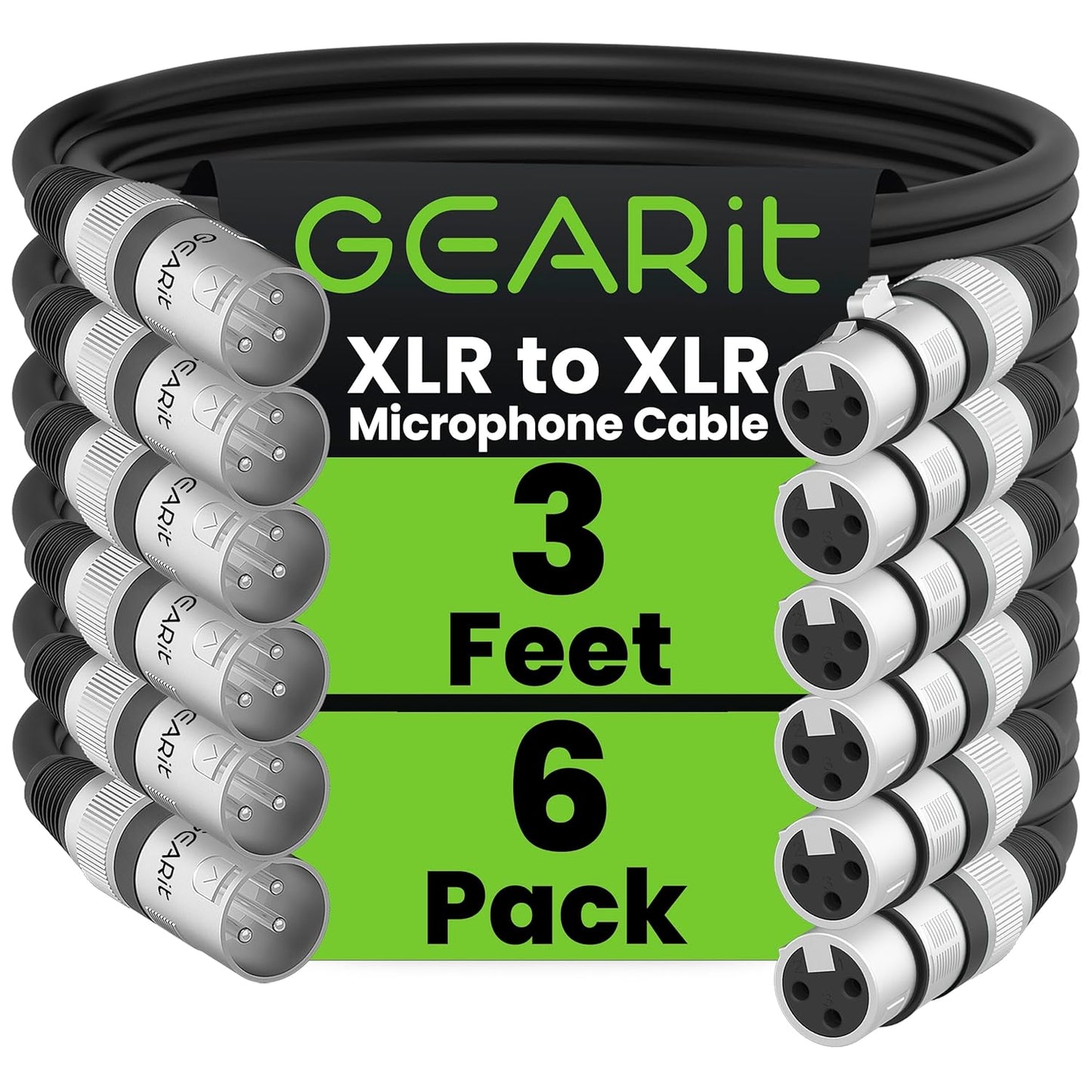 GEARit XLR Male to Female Microphone Cable (10 Feet, 6-Pack) 3-Pin Balanced Shielded Mixer, Recording Studio, Podcast - Black