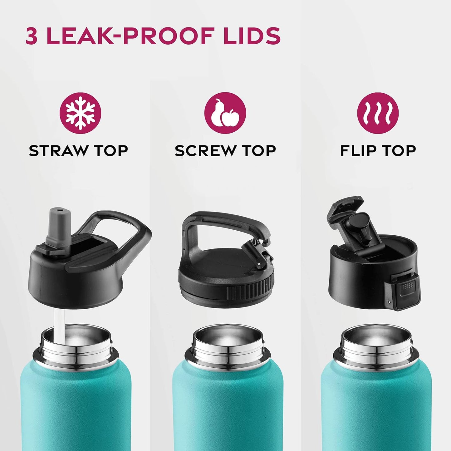 FineDine Water Bottle - Stainless Steel Insulated Water Bottle with Straw Lid, Flip Lid & Wide-Mouth Cap - Keeps Hot and Cold - 25 Oz / 739ml - Pure Pearly White