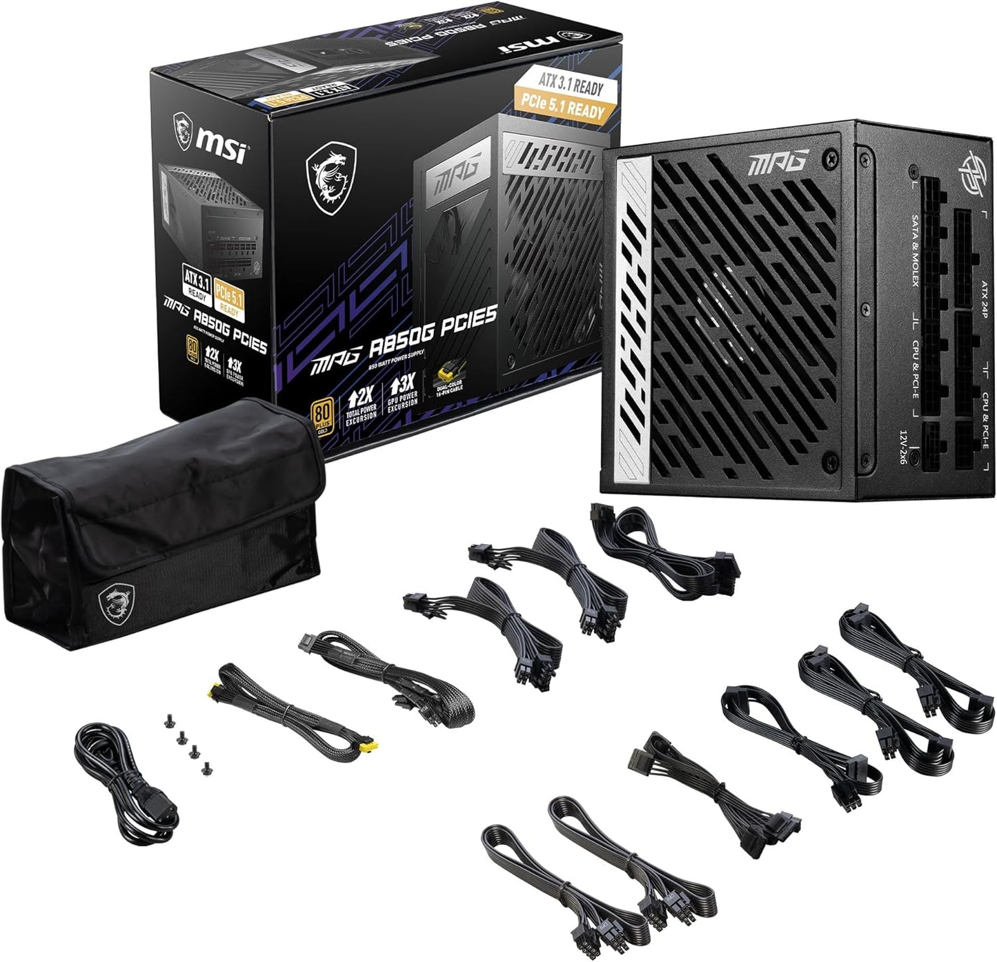 MSI MPG A1250GS PCIE5, 80 Plus Gold Full Modular 1250W Power Supply, 12V-2x6 Cable, ATX 3.1 & PCIE 5.1 Ready