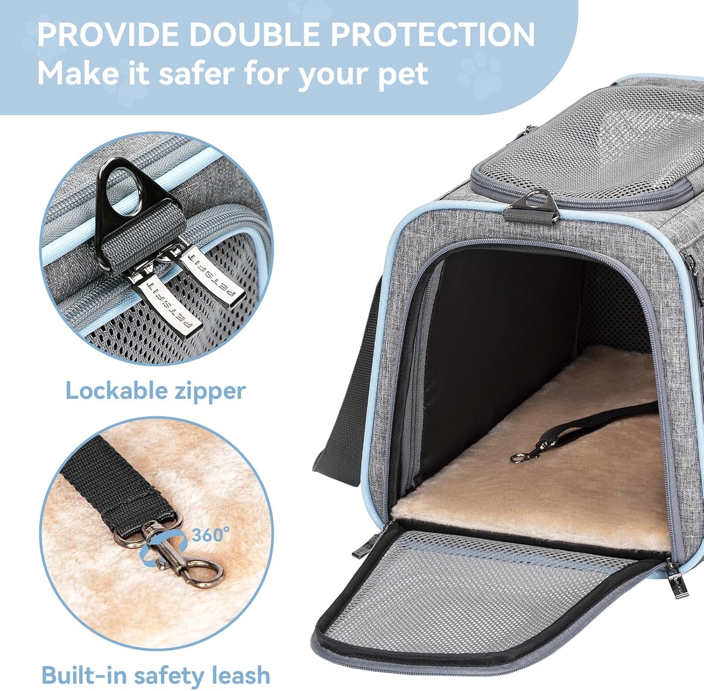 Petsfit Expandable Cat Dog Carrier Airline Approved, 17" L x 11" W x 11" H Soft-Sided Portable Pet Travel Carrier for Kitten, Puppy, Removable Soft Plush Mat and Pockets, Auto-Locking Zippers