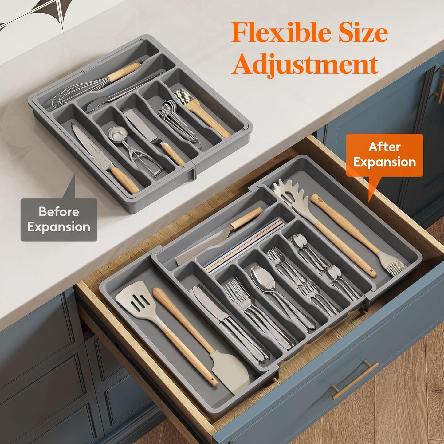 Lifewit Cutlery Organizer, Expandable Utensil Organizer for Kitchen, Utensil Holder, Adjustable Cutlery Rack Organizer for Spoons, Knives, Kitchen Organizers and Storage, Black
