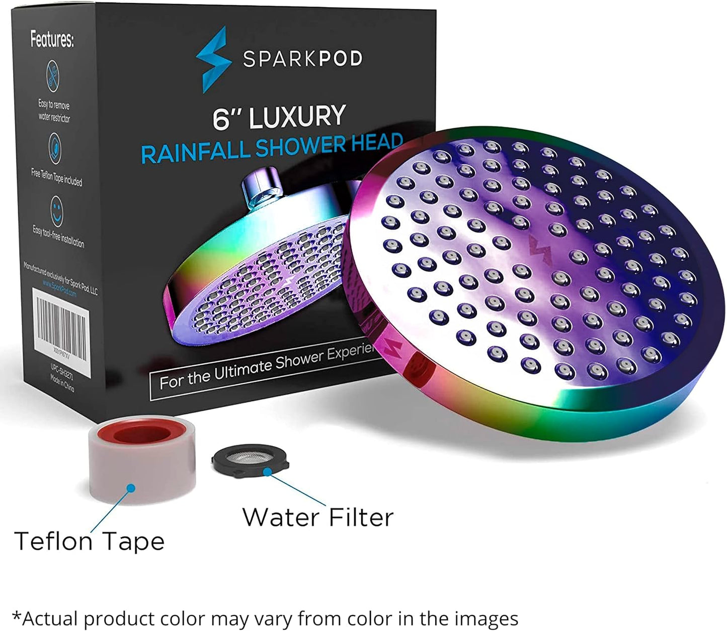SparkPod Shower Head - High Pressure Rain - Premium Quality Luxury Design - 1-Min Install - Easy Clean Adjustable Replacement for Your Bathroom Shower Heads (Luxury Polished Chrome, 6 Inch Round)