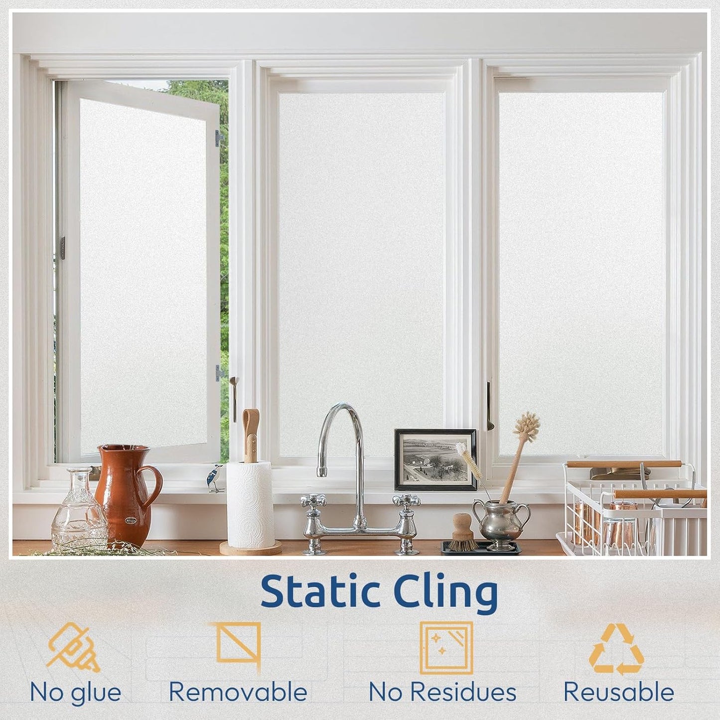 rabbitgoo Window Films for Privacy, Static Cling Frosted Glass Sticker, Non-Adhesive Privacy Film Sun Blocking Window Covering Frosting Vinyl Bathroom Sliding Glass Door, 44.5 x 200cm, Pure Frosted