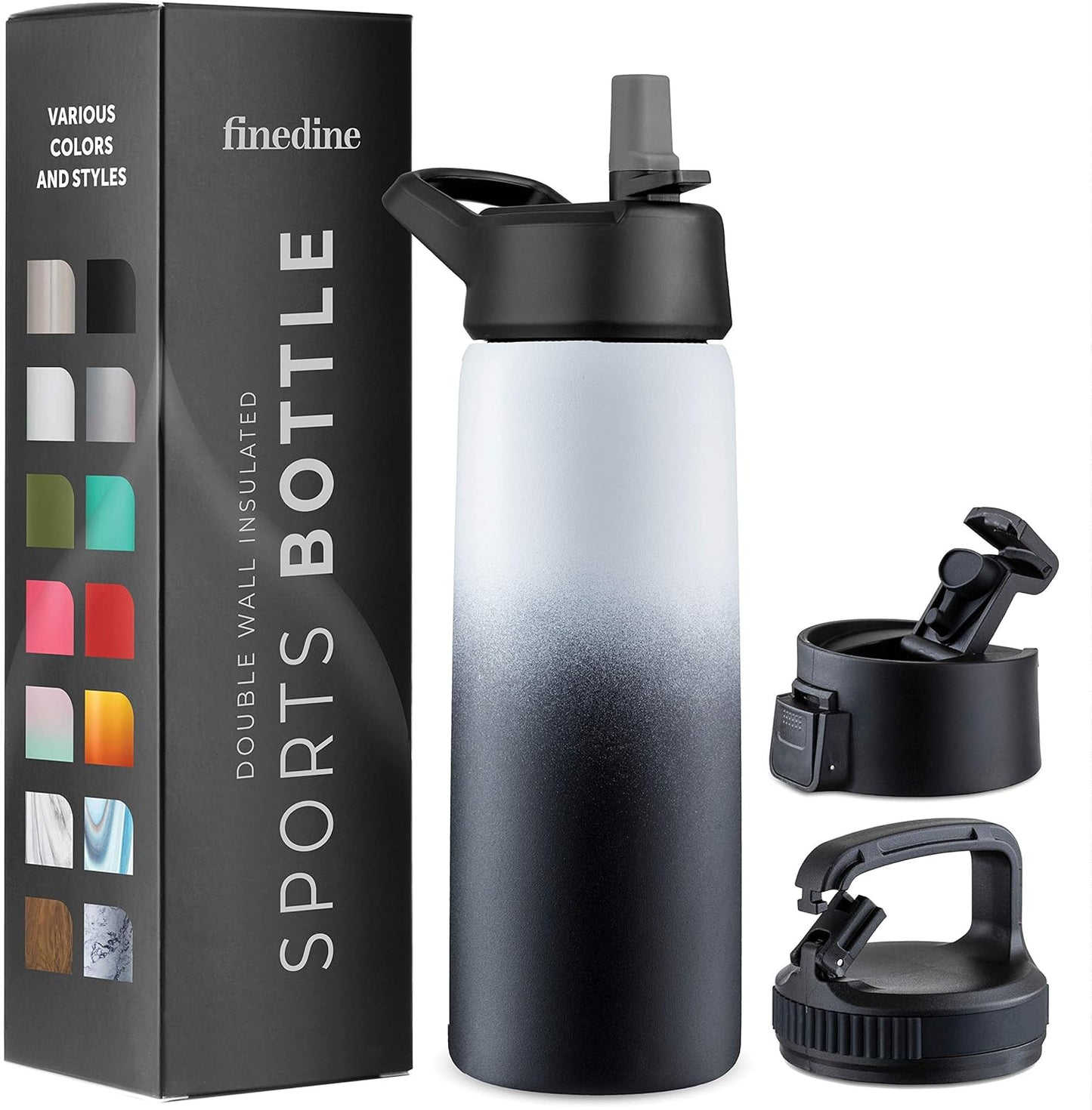 FineDine Water Bottle - Stainless Steel Insulated Water Bottle with Straw Lid, Flip Lid & Wide-Mouth Cap - Keeps Hot and Cold - 25 Oz / 739ml - Pure Pearly White