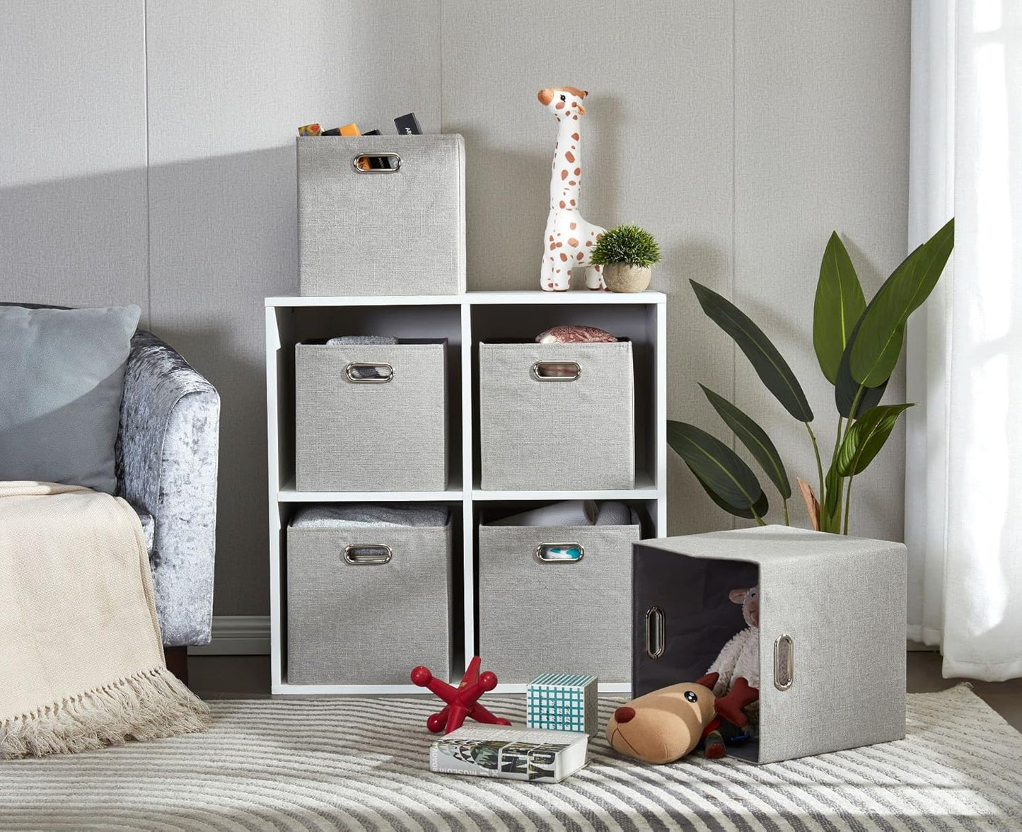 DECOMOMO Fabric Cube Storage Bin - Storage Baskets for Shelves, Kallax (Grey & White, 13 inch Cube) - 4 Pack