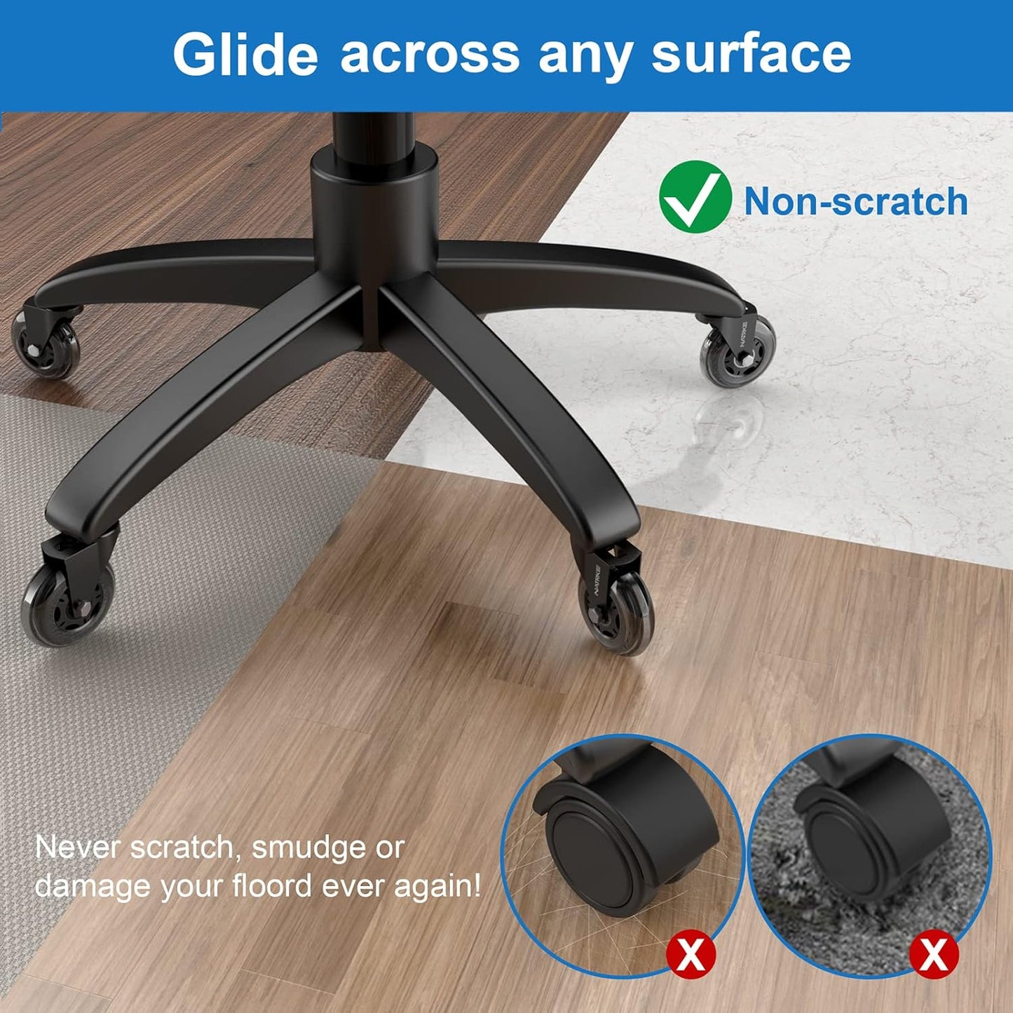 NATRKE Office Chair Wheel Replacement, 11×22 Office Chair Casters, 3" Rubber Caster Wheels for Swivel Chair for All Floors Hardwood Carpet, 5 Pack (Clear)