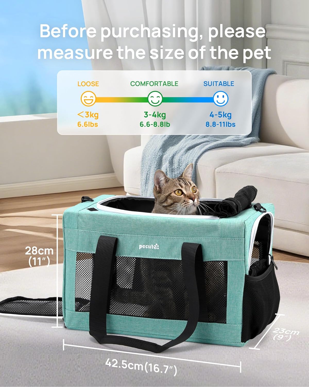 Pecute Cat Carrier Airline Approved, Thickened 5mm Steel Wire Frame, Stable Dog Carrier for Small Dogs, Breathable Foldable Pet Carrier with Sunshade, Suitable for Pets up to 5kg/11lbs (Dark Gray)