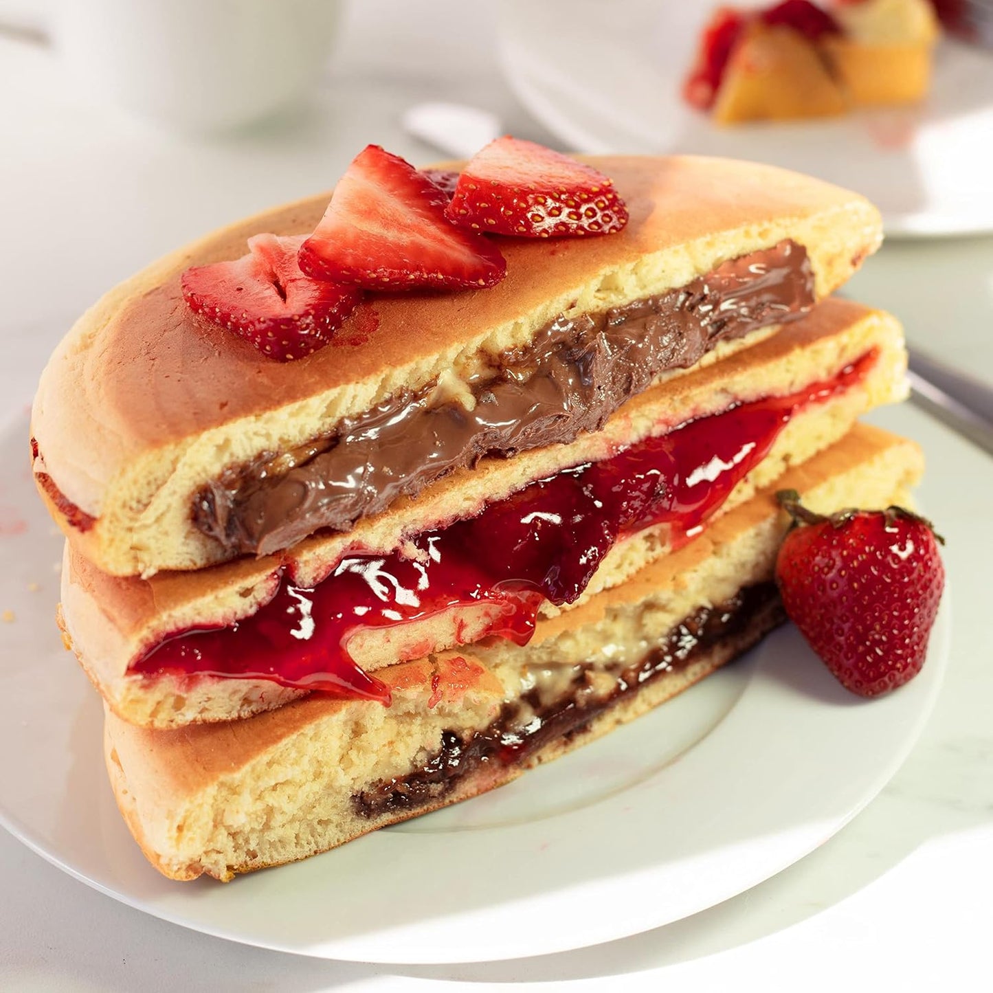 Electric Stuffed Pancake Maker- Make a GIANT Stuffed Waffle or Pan Cake in Minutes- Add Fillings for Delicious Breakfast or Dessert, Nonstick Baker Machine w Silicone Batter Funnel for Easy Use- Gift