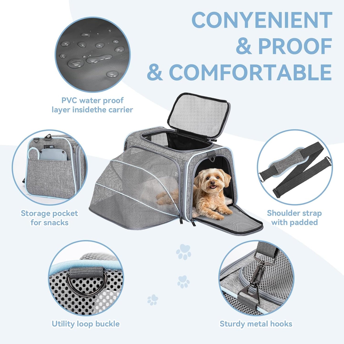 Petsfit Expandable Cat Dog Carrier Airline Approved, 17" L x 11" W x 11" H Soft-Sided Portable Pet Travel Carrier for Kitten, Puppy, Removable Soft Plush Mat and Pockets, Auto-Locking Zippers